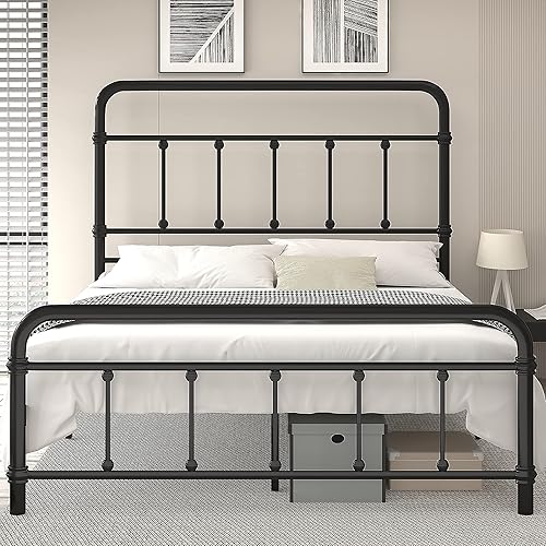 Giselle - Base de cama de tamaño completo con cabecero de metal antiguo vintage, base de colchón con plataforma, 49 pulgadas de alto, no necesita