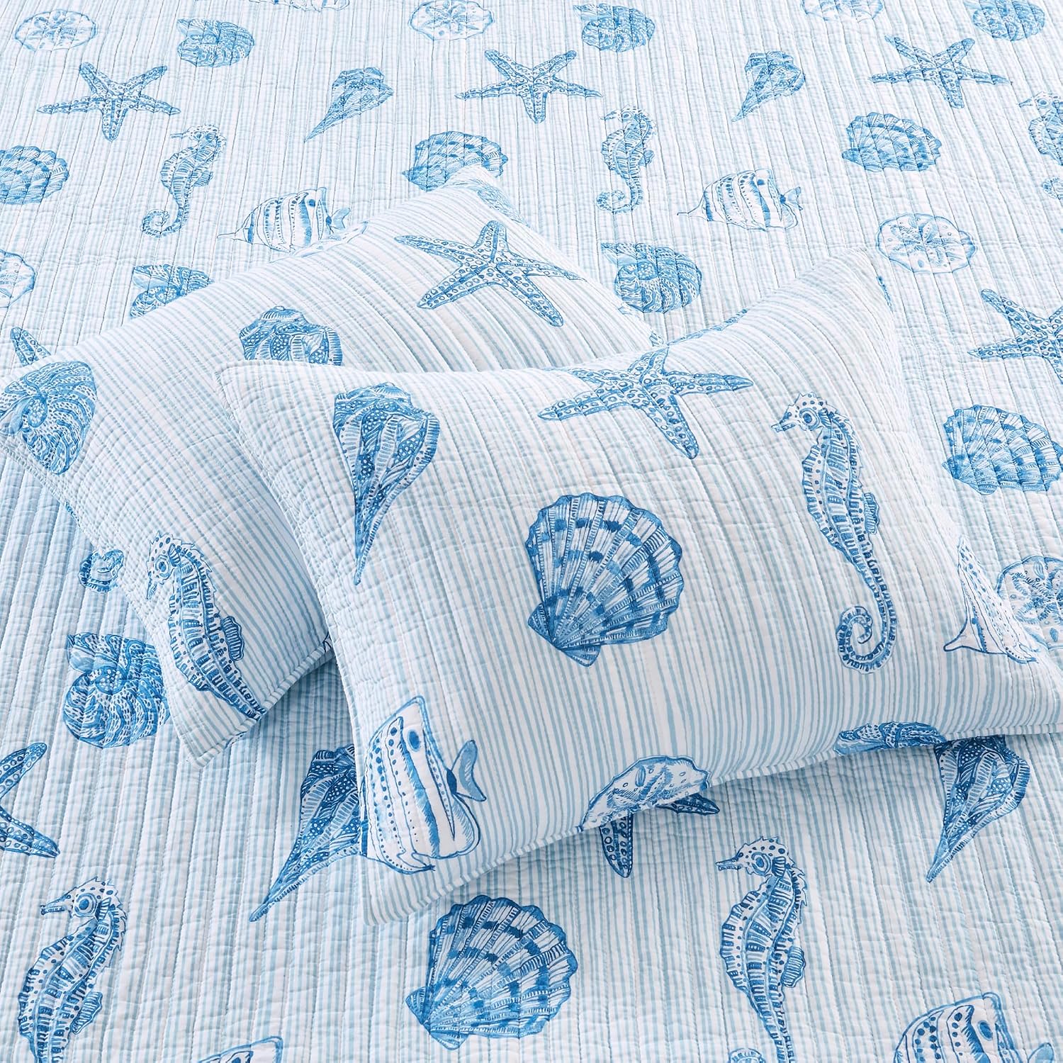 Levtex Home - Sandy Cove Quilt Set - Full/Queen Quilt and Two Standard Shams - Coastal Stripe - Blue White - Quilt (88x92in.) and Shams (20x26in.) - Reversible - Cotton