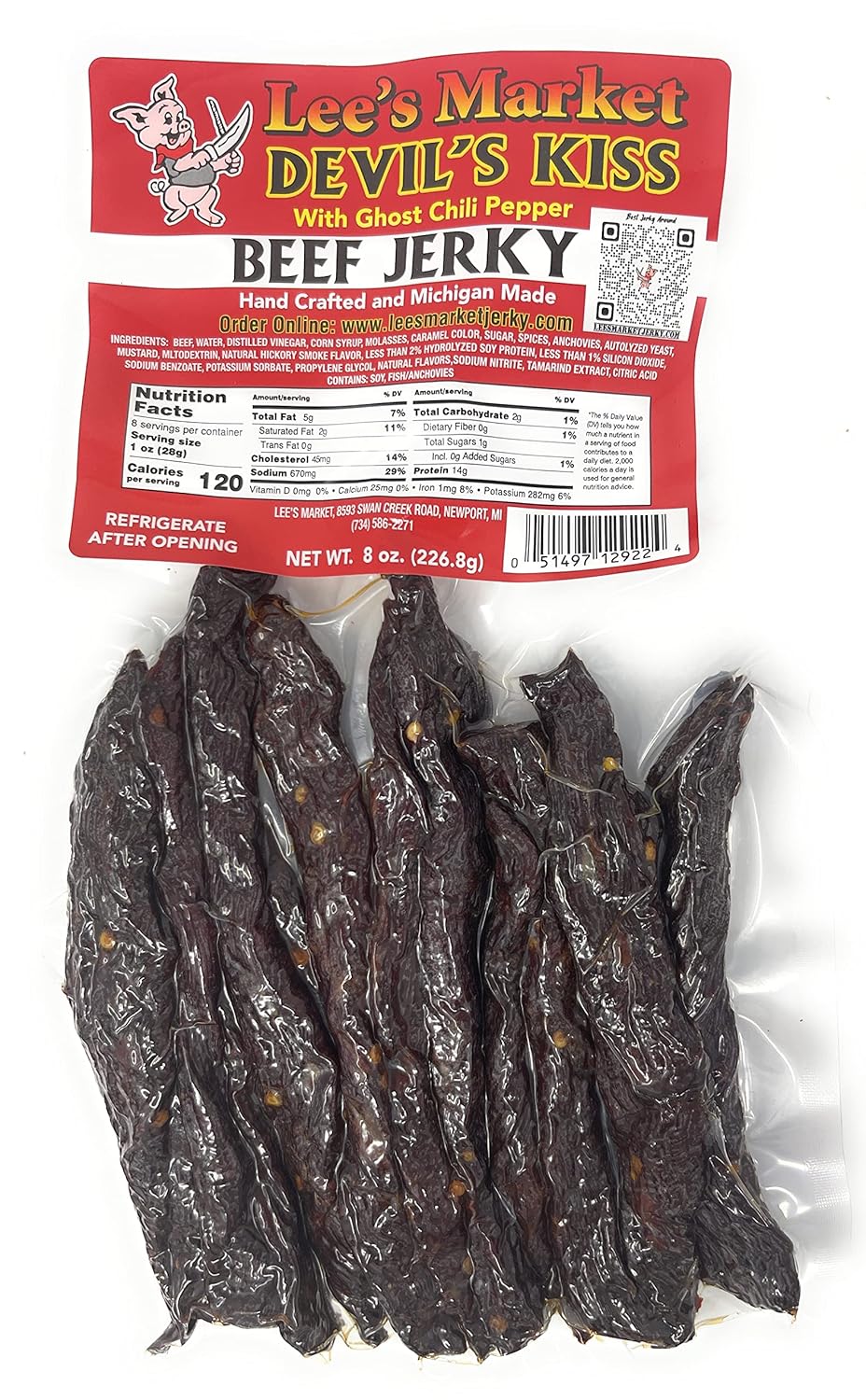 Lee's Market Devil's Kiss Ghost Pepper Beef Jerky - Soft & Tender - Healthy Low Carb, Gluten-Free Snack - Paleo & Keto-Friendly - Michigan Made Handcrafted Jerky - Specialty Gourmet Meat Snacks - 8oz