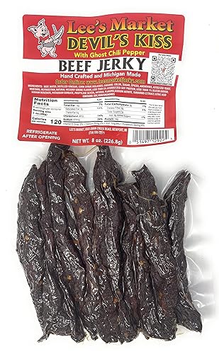 Lee's Market Devil's Kiss Ghost Pepper Beef Jerky - Suave y tierno, aperitivo saludable bajo en carbohidratos, sin gluten, apto para dieta paleo y