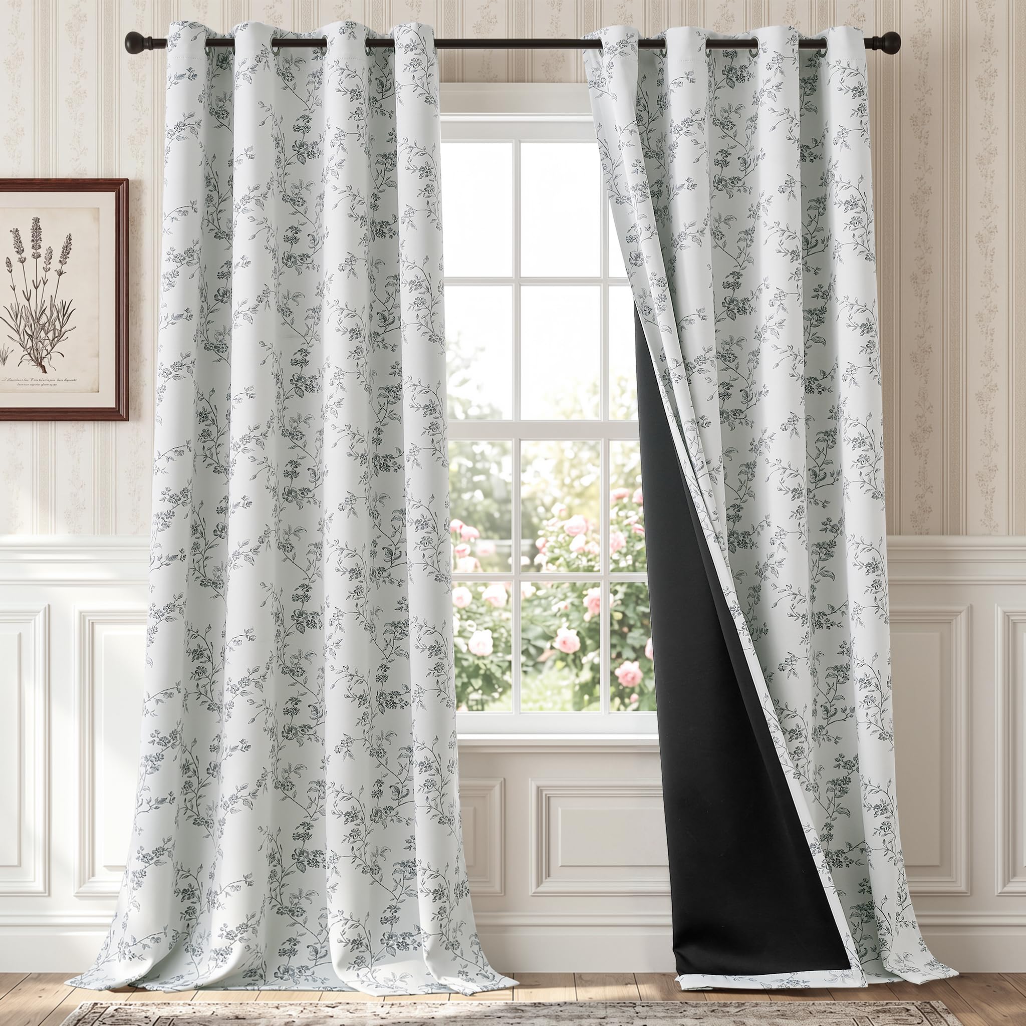 TOPICK Floral 100% Blackout Curtains for Bedroom Living Room W52xL90 Grey