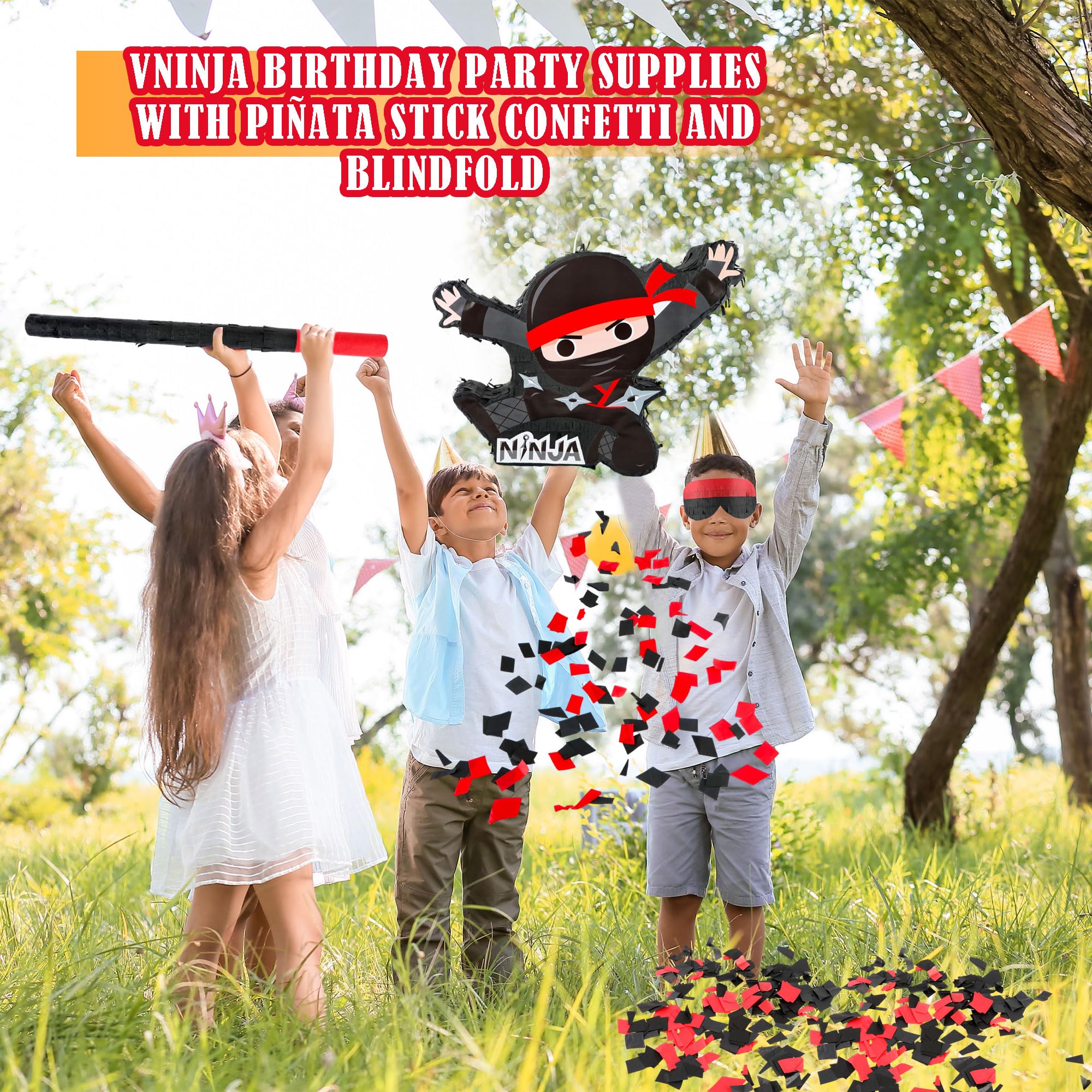 Black Ninja Pinata Ninja-Themed Piñata Bundle Paper Cool Warrior Design Pinata with Stick Blindfold Confetti for Birthday Party Decor Props - Image 5