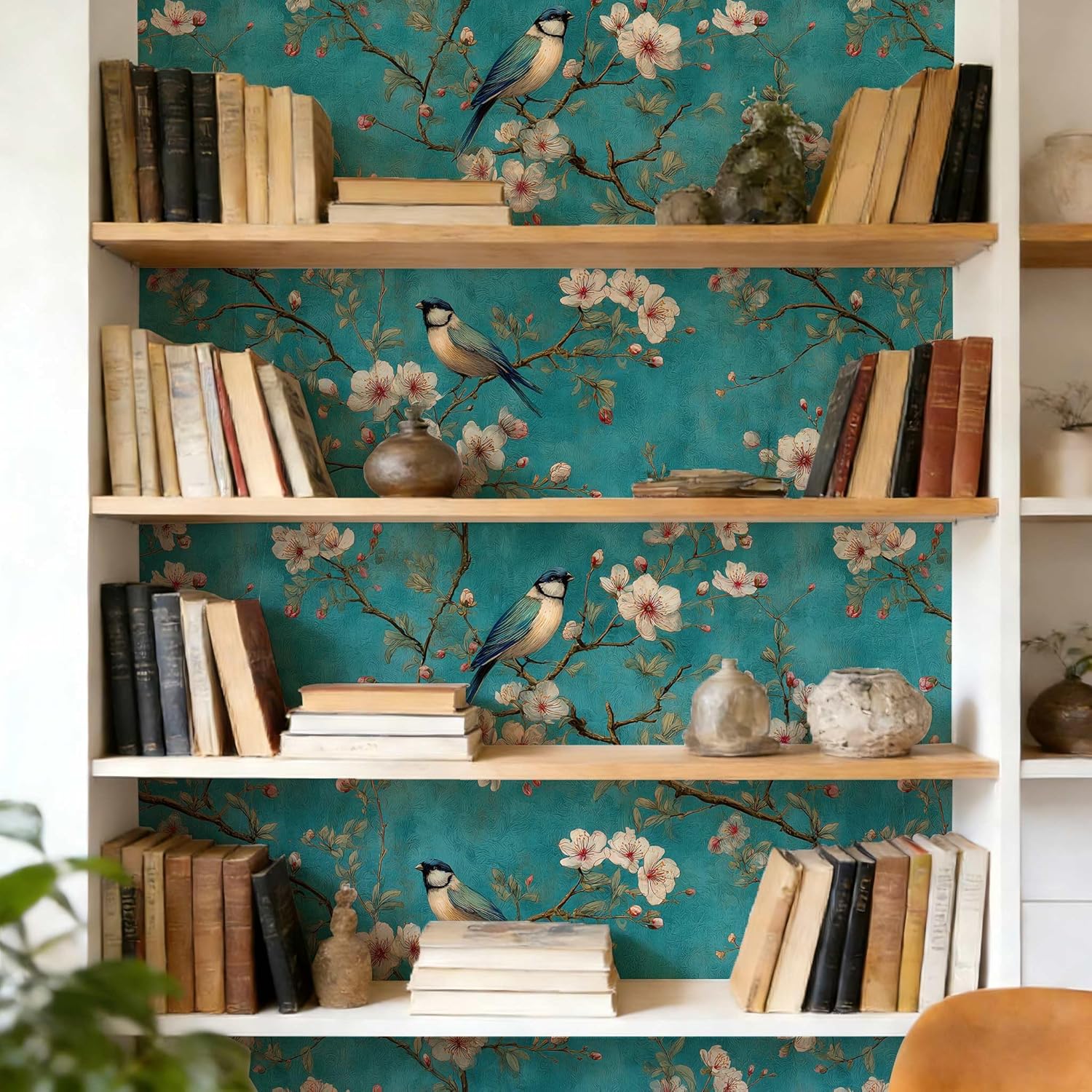 Vintage Floral Bird Peel and Stick Wallpaper, (Teal and White) Chinoiserie Botanical Pattern Wallpaper for Home Decor | 17.7" x 236", Self-Adhesive, Waterproof Vinyl