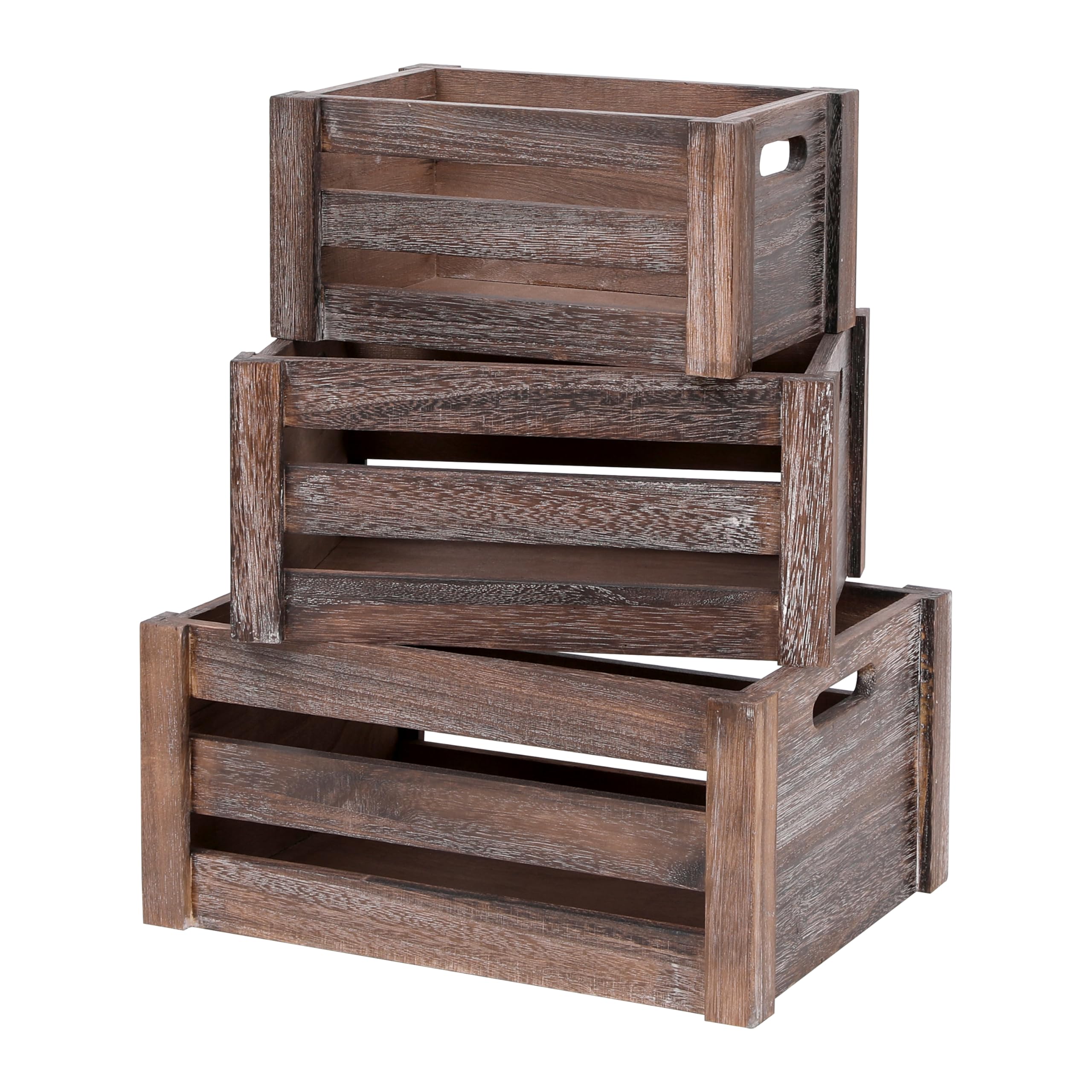 Bisaten Large Vintage Brown Wooden Crates For Dispaly,Set Of 3 Wood Crates With Handles,Rustic Handmade Wood Boxes For Storage Or Display,Solid Wood