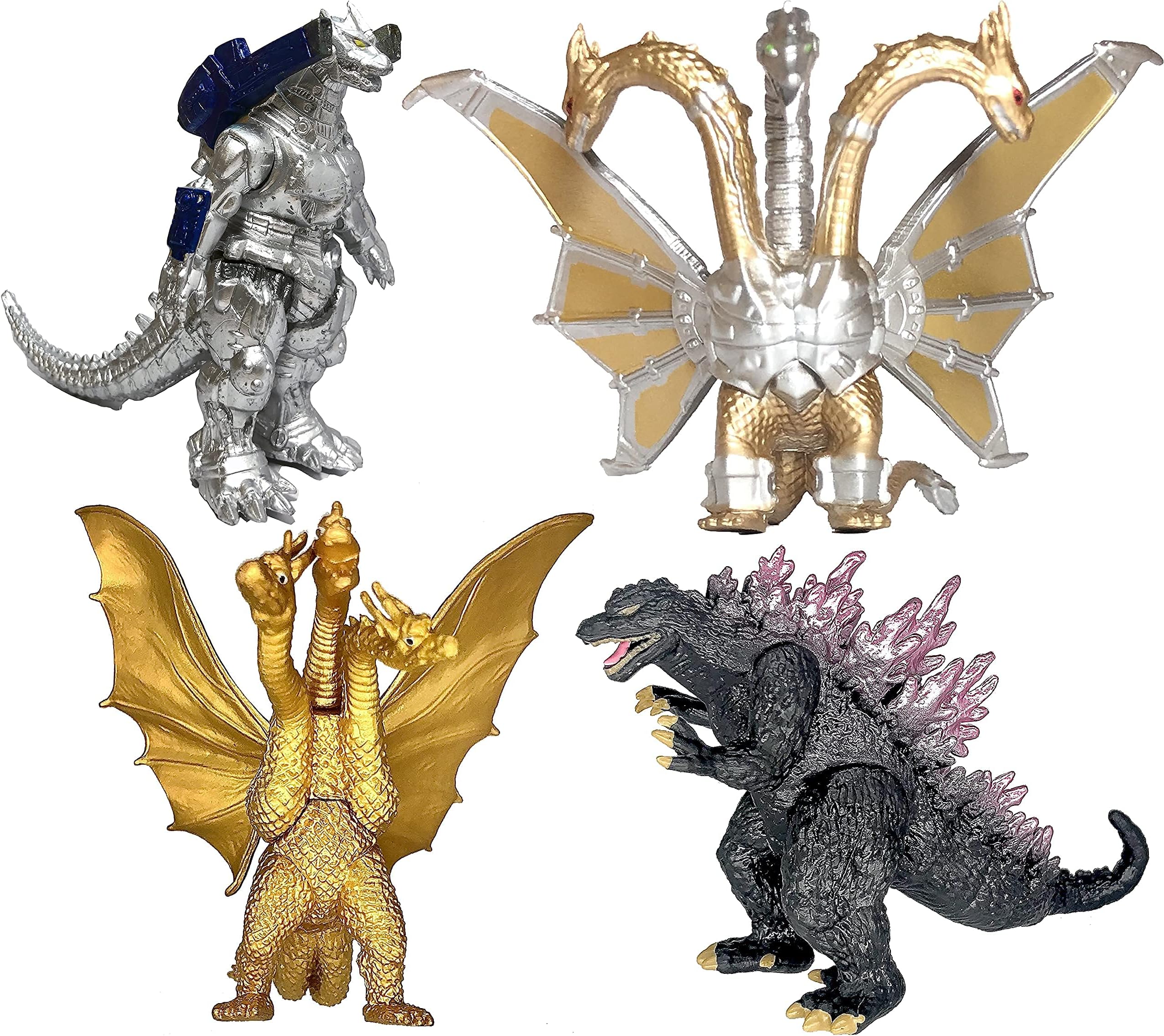 TwCare Set of 4 Godzilla Toys Movable Joint Action Figures King of The Monsters Burning Heisei Mecha Ghidorah Pack Plastic Mini Dinosaur Birthday Kids Cake Toppers Package