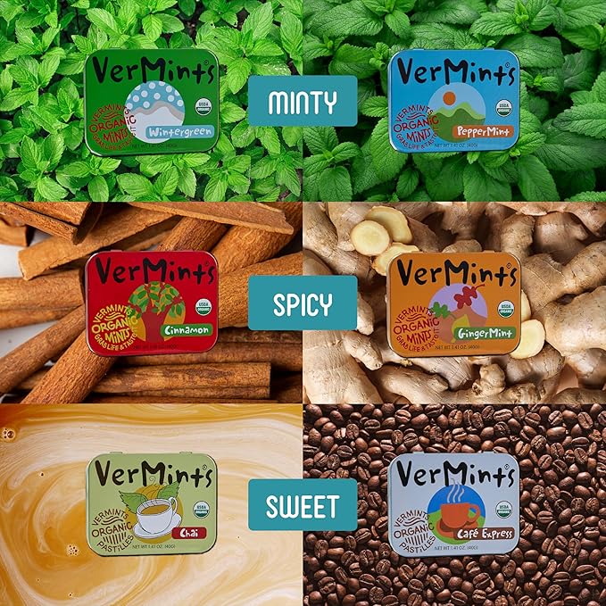 VerMints Caramelo Surtido de Menta, Jengibre, Gaulteria, Canela, Chai y Cafe Express - 6 Latas de 1.41 oz miniatura 3