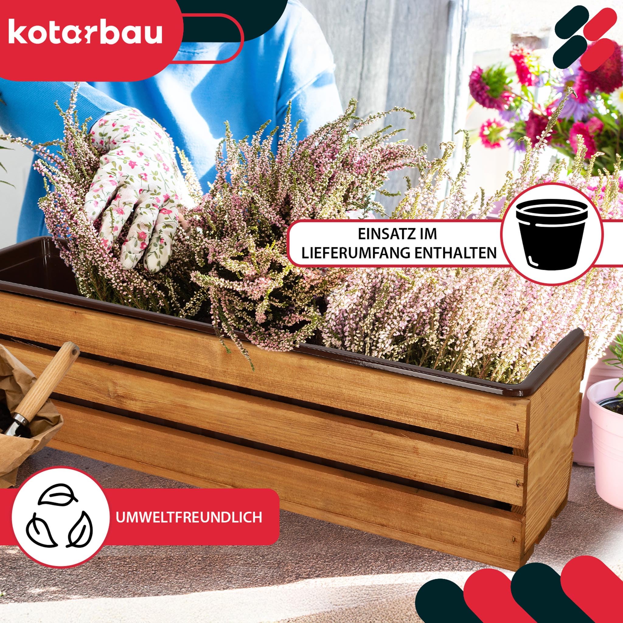 KOTARBAU® Blumenkasten für Balkon, Balkonkasten mit Kunststoffeinsatz | 3er Set, Pflanzkasten, 60 x 18 x 15 cm, Blumentopf, Kräutertopf aus Kiefernholz für Terrasse, Balkon Deko, Eiche