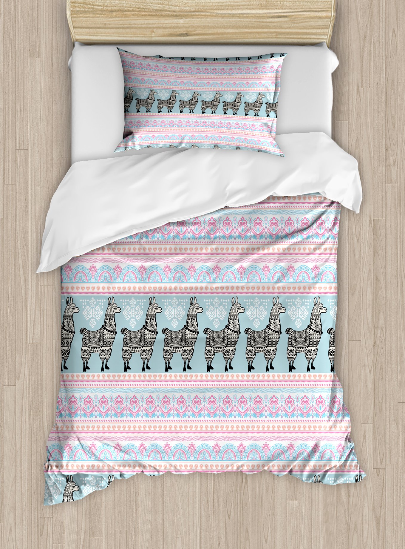 Ambesonne Llama Duvet Cover Set, Horizontal Borders with Patterned Alpaca Animal and Folkloric Ornaments, Decorative 2 Piece Bedding Set with 1 Pillow Sham, Twin Size, Seafoam Pink