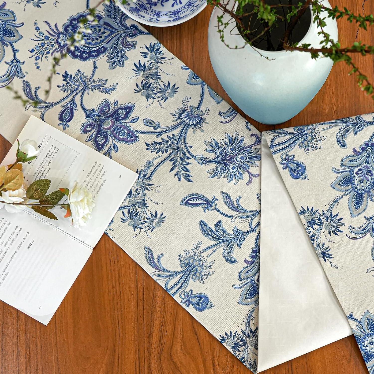 Blue Table Runner Cotton Polyester, Waterproof Seasonal Spring Summer Floral Retro Vintage Table Decoration for Kitchen Dining Home Party Decor - 12x144 Inch, Beige and Blue