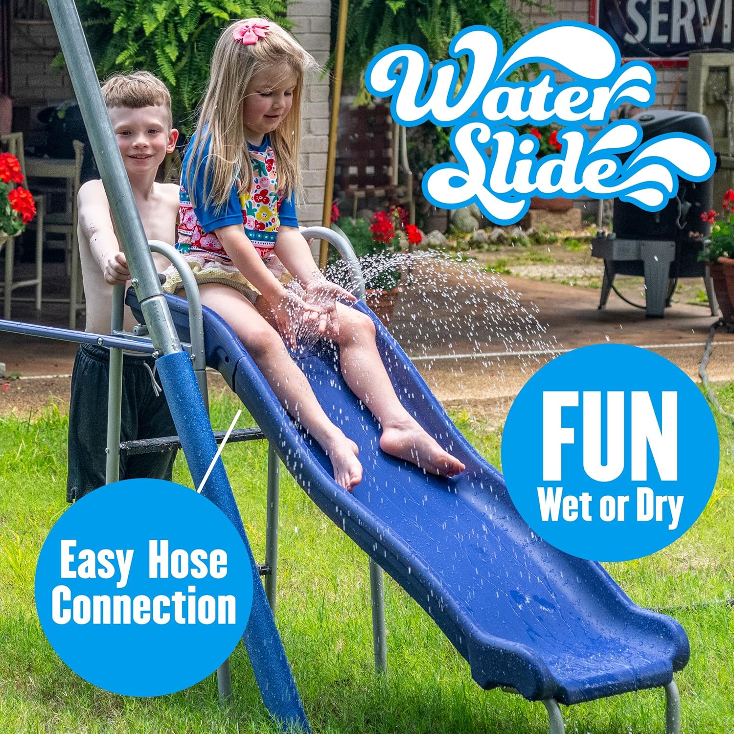 Firefly Water Park. Swing Set for Backyard. Easy Assembly, Galvanized Metal Frame, 5 User / 4 Station. LED Swings, SuperDisc Swing, 5' Waterslide and 6' Slide Tarp, 148" x 93" x 74", by XDP Recreation