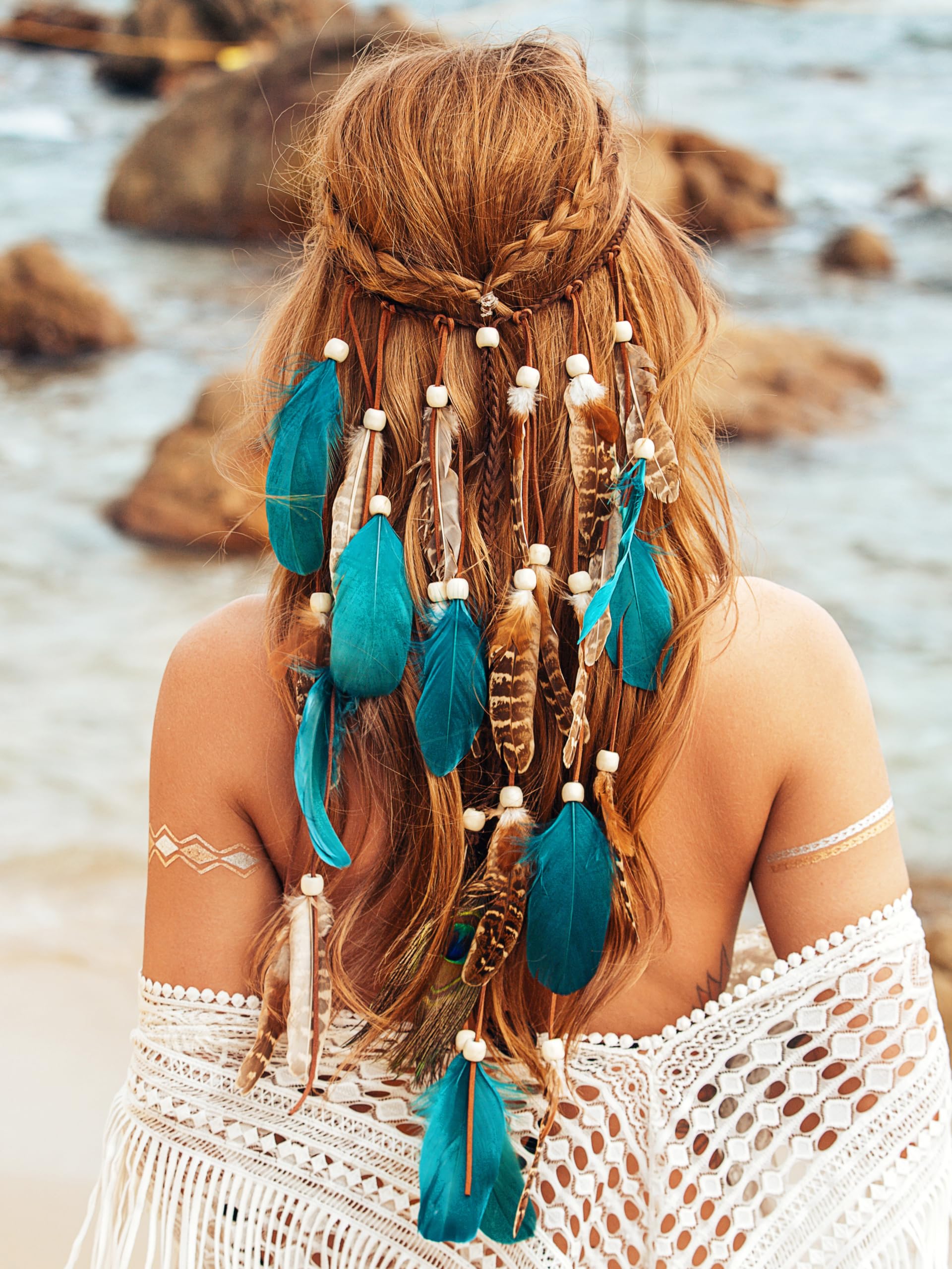 Bandeau à Plumes Pour Femme - Style Bohème - Style Hippie - Accessoire De Tête - Pour Festival, Fête, Lunettes De Soleil - Bandeau De Sport (1#3 - Bleu - Taille Unique