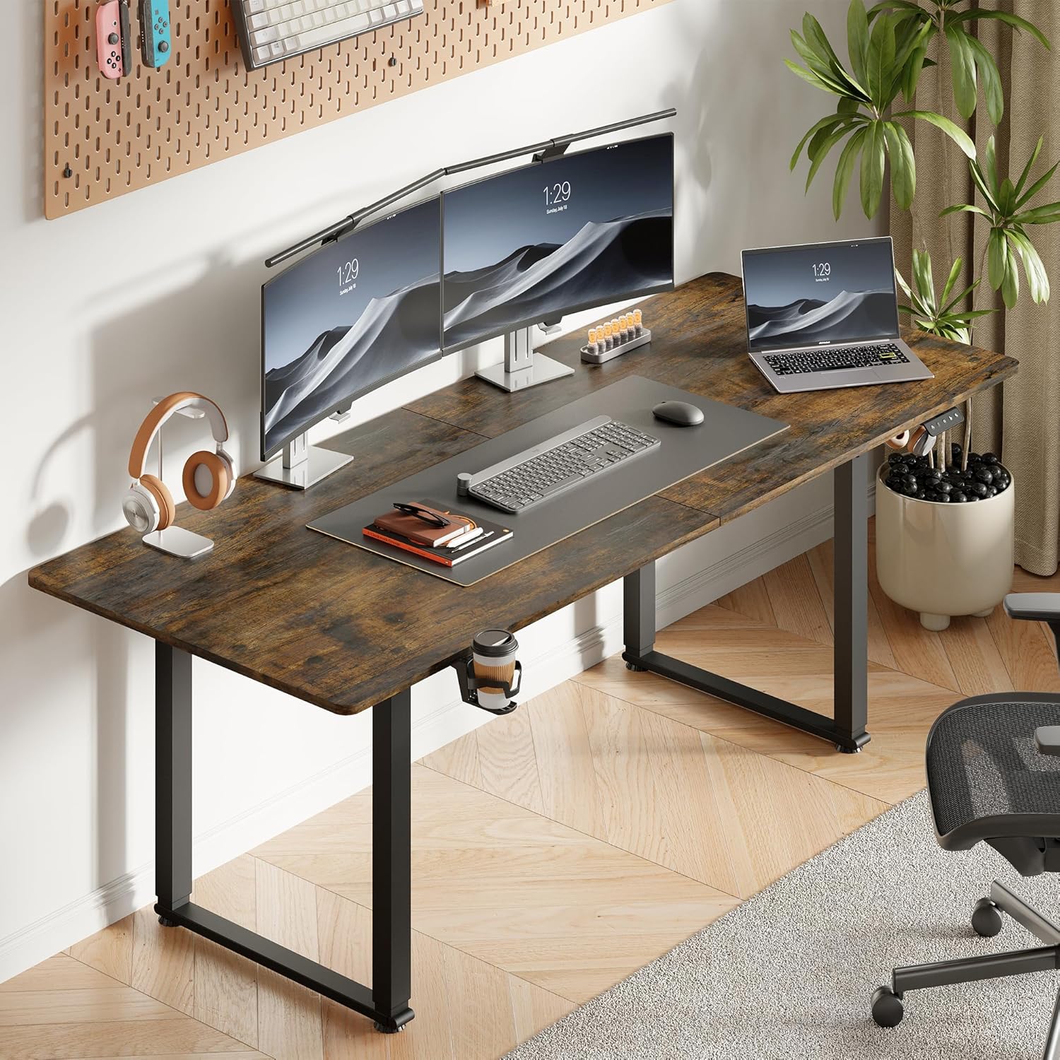 71x32 Inch Adjustable Standing Desk with 4 Legs, Stand-up Desk Features a Rectangular Top, Dual-Motor Lift, and Memory Presets (28-46Inch) for Home Offices or Computer Workstations, Rustic Brown