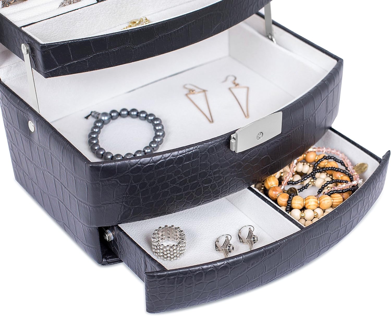 Internet's Best Faux Leather 3-Tier Jewelry Case | Slide Open Jewelry Box | Multi Compartment for Rings, Earings, Necklaces & Bracelets | Interior Mirror | Black - Image 4
