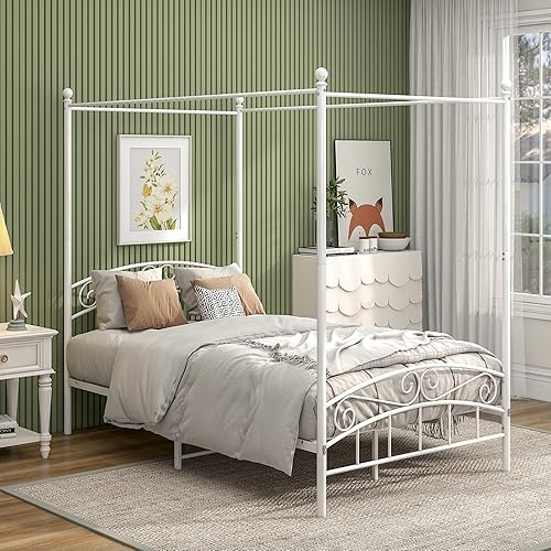 JURMERRY Base de cama con dosel de metal, base de colchón con cabecera y estribo, estructura de listones resistente, no necesita somier, fácil