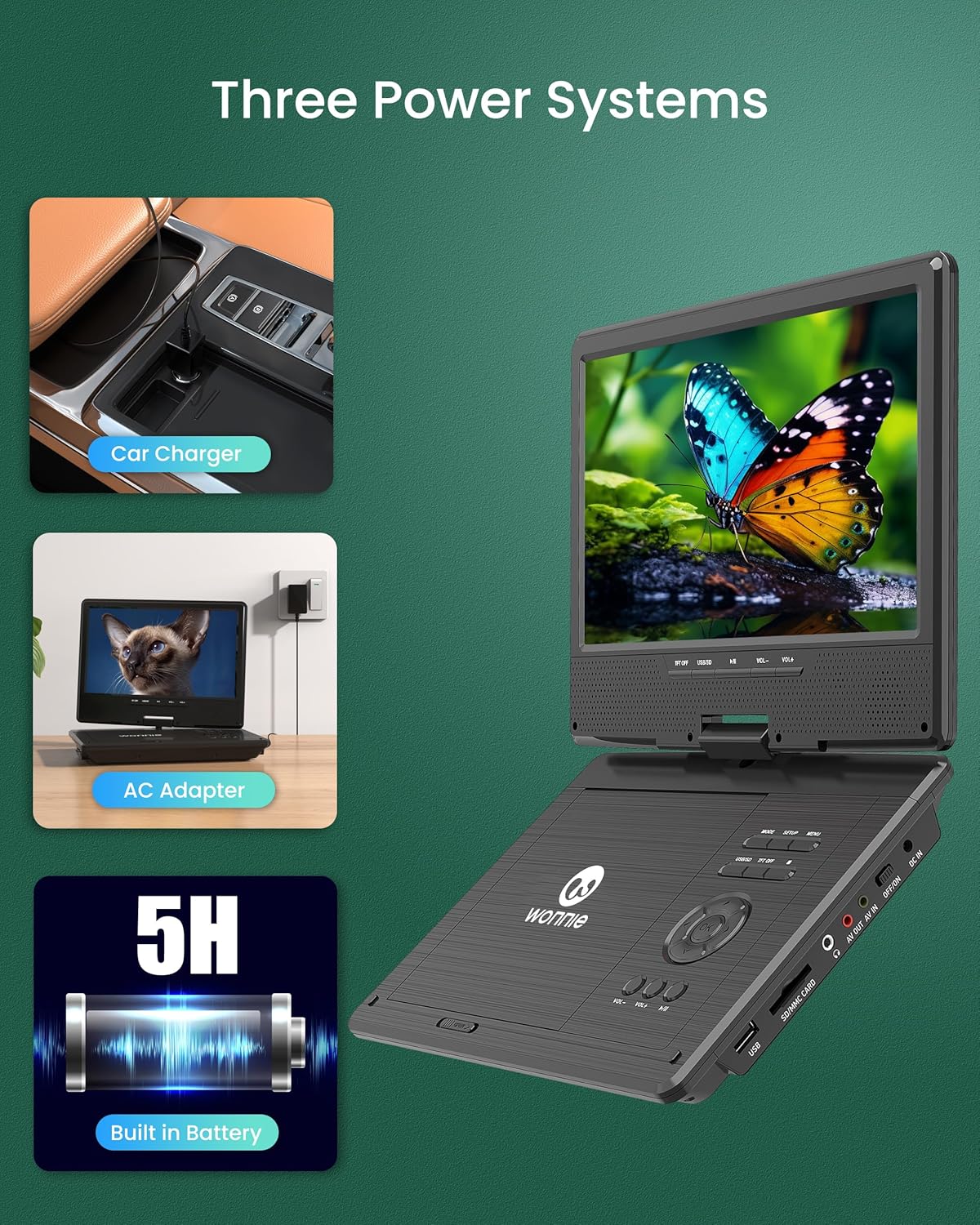 WONNIE 12.5" Portable DVD Player for Car with 10.5" Swivel HD Screen, with 5-Hour Rechargeable Battery, Supports USB/SD Card, Sync with TV, All Regions, Car Headrest Case Included