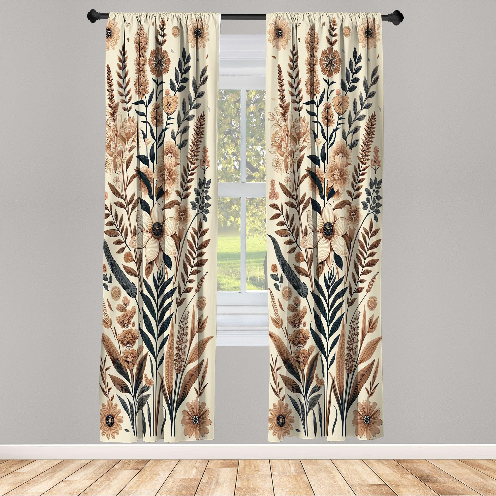 ABAKUHAUS Vintage Floral Window Curtains Pack of 2, Boho Garden of Nostalgia Branches Leaves and Blooming Flowers - Image 4