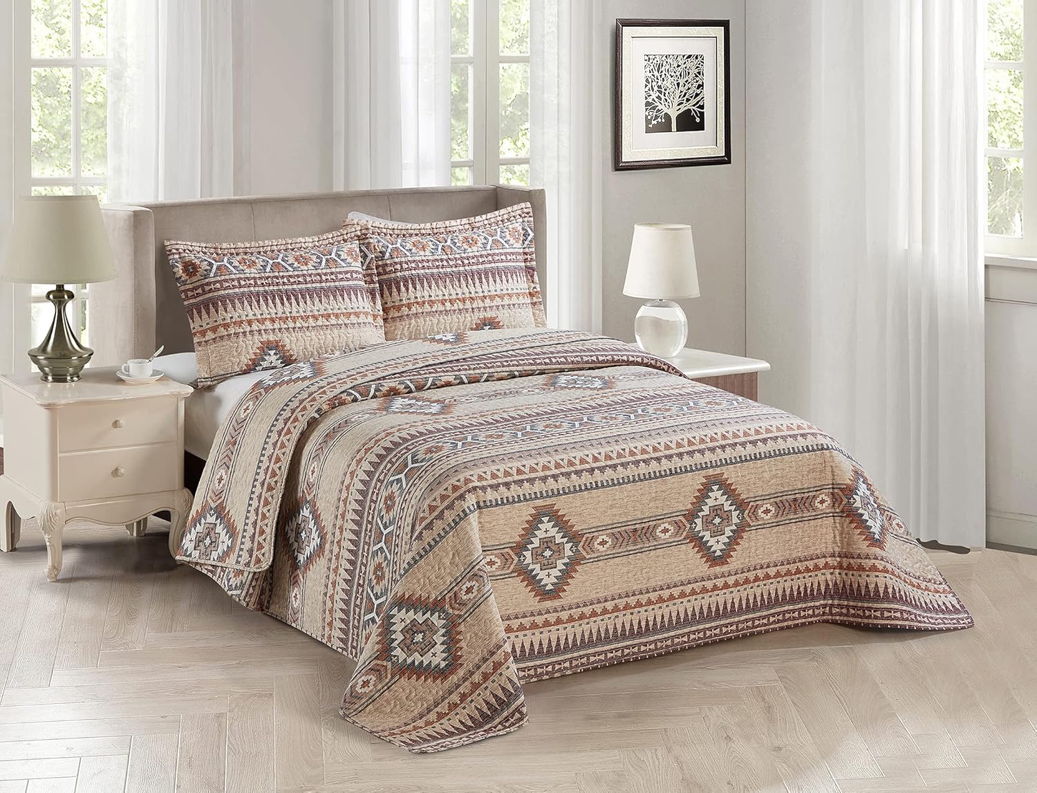 Rugs 4 Less Rustic Southwest Quilted Western Bedspread Bedding Set in Brown Beige Taupe Charcoal and Tribal Native American Patterns - Nevada (Full/Queen)