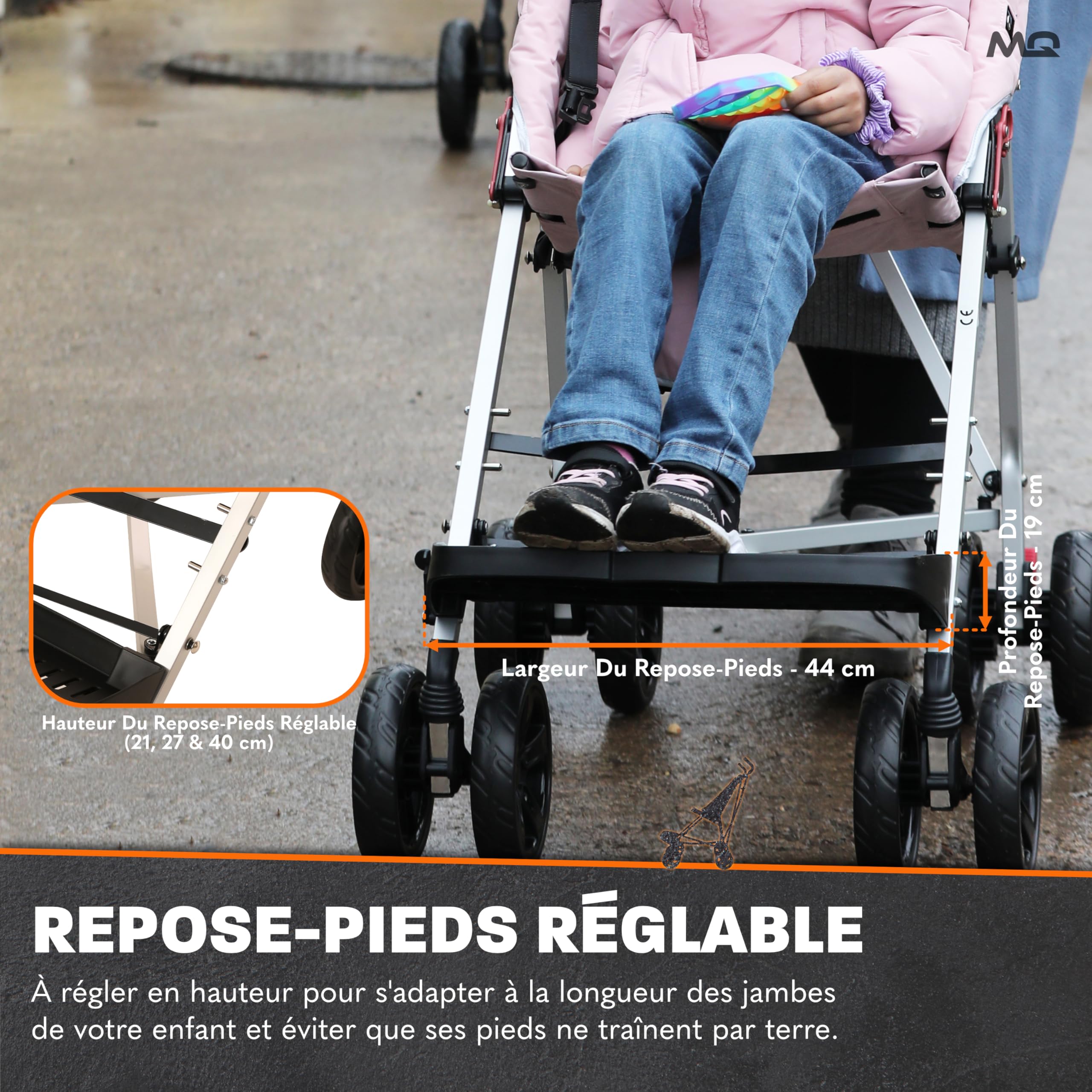 Poussette pour personnes à mobilité réduite MobiQuip XL, Sable - Poussette adaptée aux enfants pesant jusqu'à 50 kg - Châssis pliable en aluminium léger et harnais à 5 points