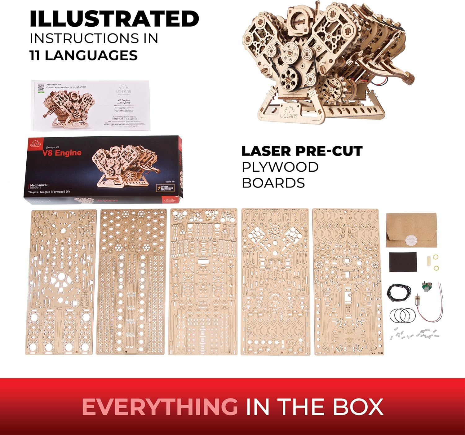 UGEARS V8 Engine Model Kit - 3D Wooden Puzzles for Adults, 3D Puzzle Model Engine Kit, DIY Kits Gifts for Engineers for Christmas, Wooden Model Kits for Adults to Build, Brain Teaser Hobby Set - Image 8