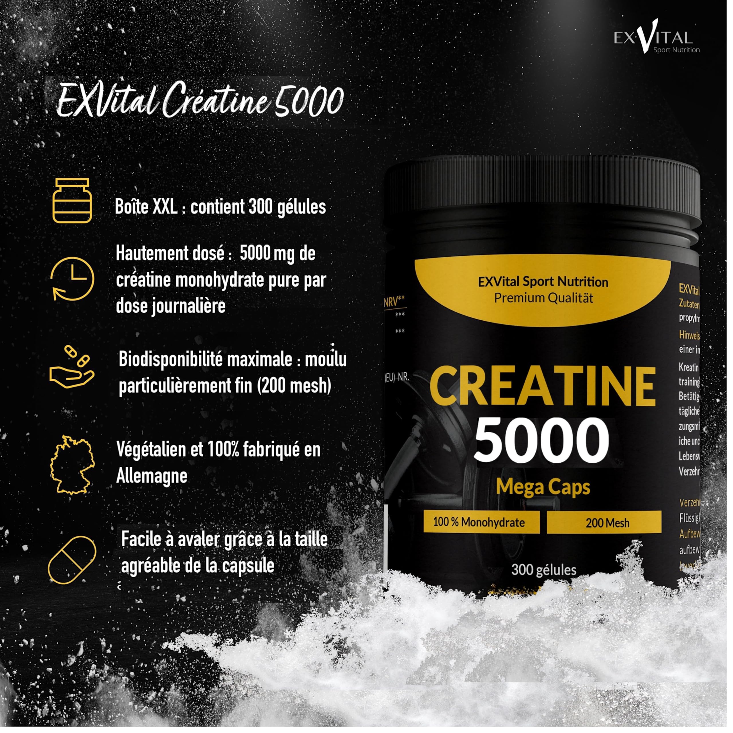 Créatine 5000 Mega Caps, 5000 mg de créatine monohydrate par dose journalière, 300 capsules véganes, 100% pure, Facteur Mesh 200, Végane et testée en laboratoire