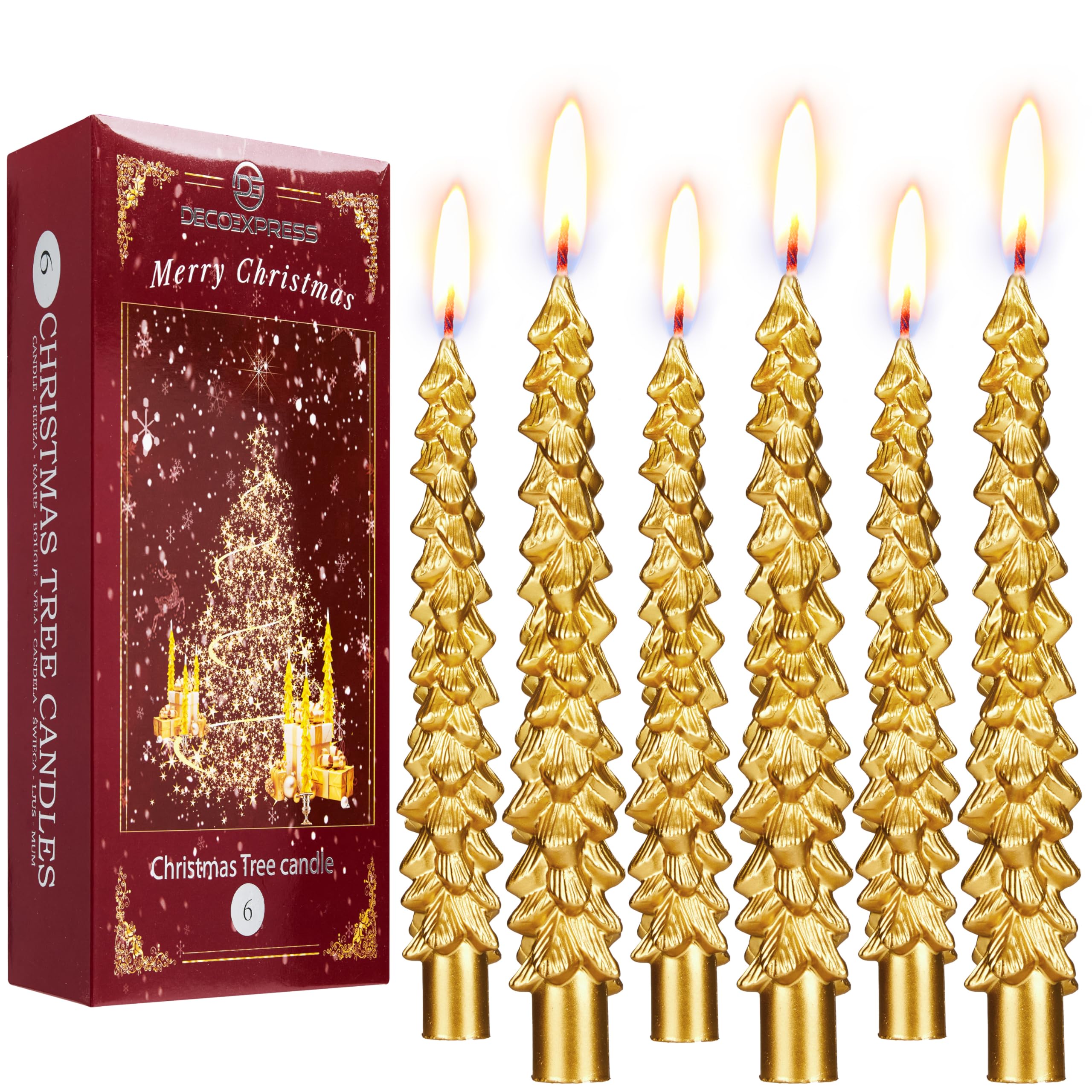 Deco Express Gold Christmas Tree Candles Set Of 3 Or 6, Dinner Candles 7 Hr Burn, Table Centrepiece Festive Decor Xmas Holiday, Gift Set Home Decoration (, 6 Pcs)