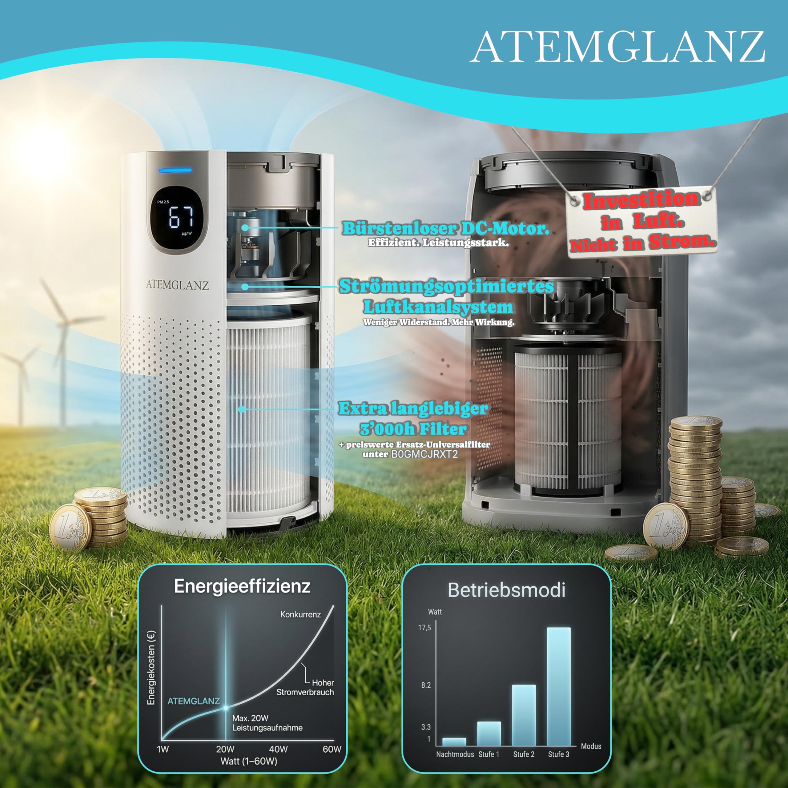 Allergiker Luftreiniger (Auto-Modus, PM2.5 Anzeige) HEPA + Aktivkohlefilter gegen Pollen, Staub, Tierhaare, Schimmel, Milben, Rauch, VOC, 18 dB, bis 80 m², CADR 250m³/h Asthma, Air Purifier