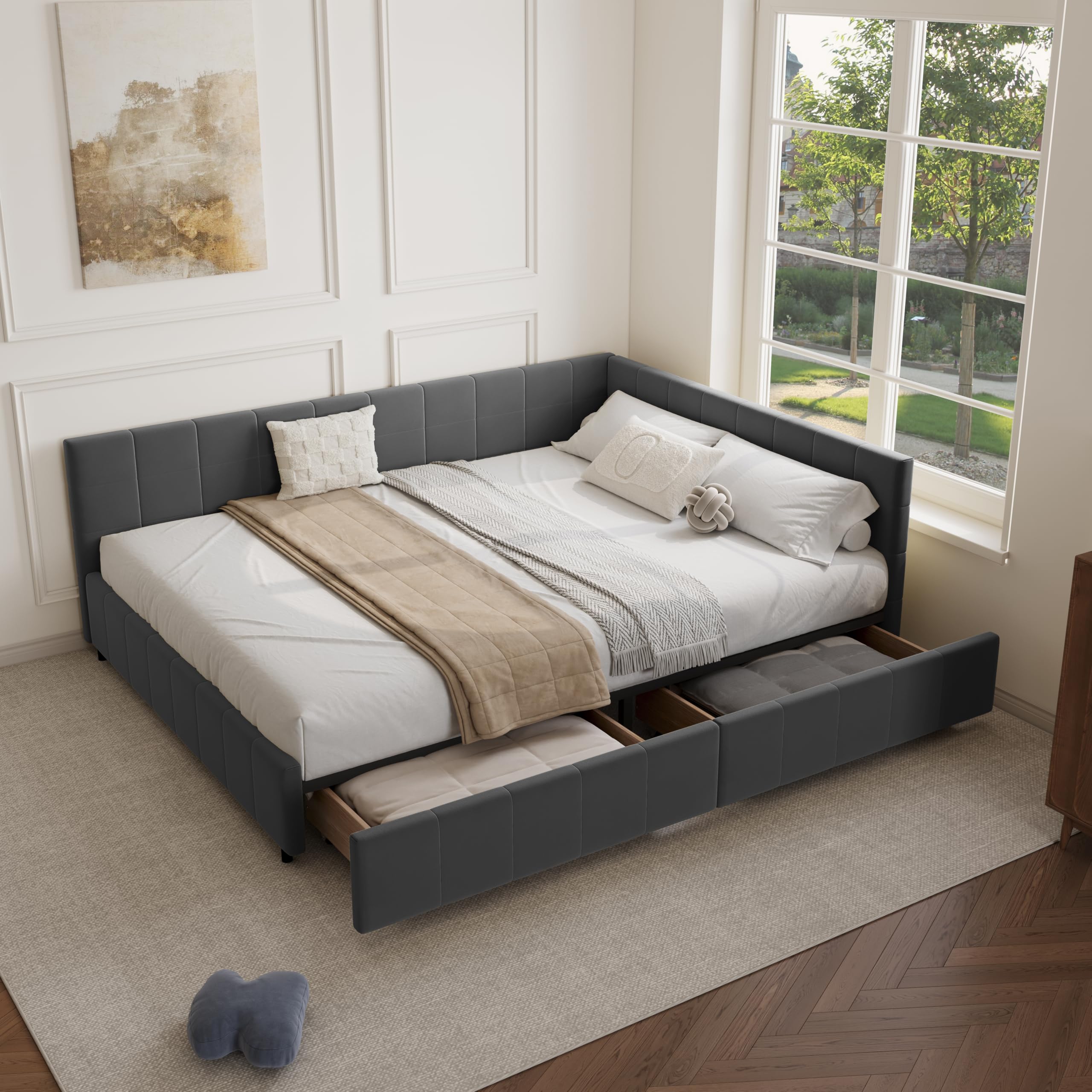 DEINPPA Queen L-Shape Corner Bed Frame with 2 Drawers, Velvet Upholstered Tufted Daybed with Slat, Floor Platform Bed with Soft Headboard for Bedroom