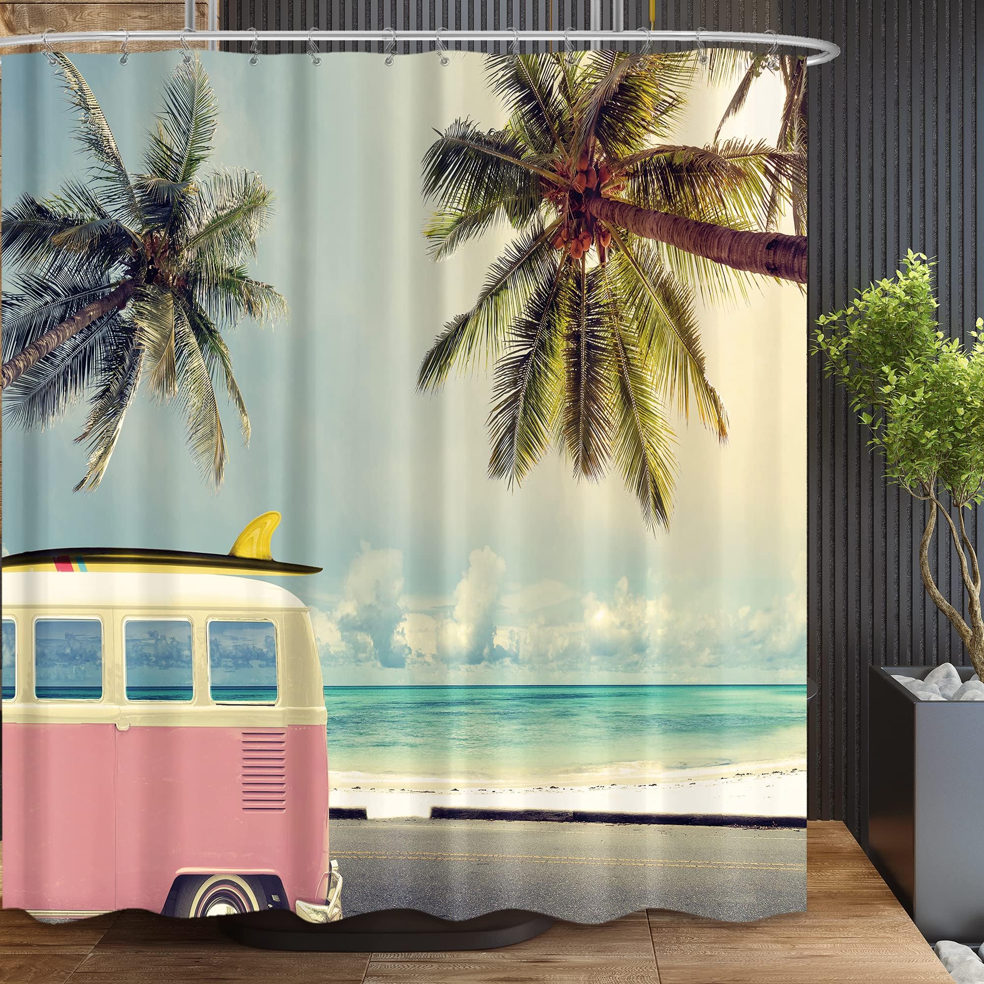 Riyidecor RV Fabric Shower Curtain Set for Bathroom Decor 72Wx72H Inch Retro Coastal Theme Bath Accessories for Men Boys Tropical Palm Tree Beach Pattern Pink Camping Car Bathtub 12 Pack Plastic Hooks