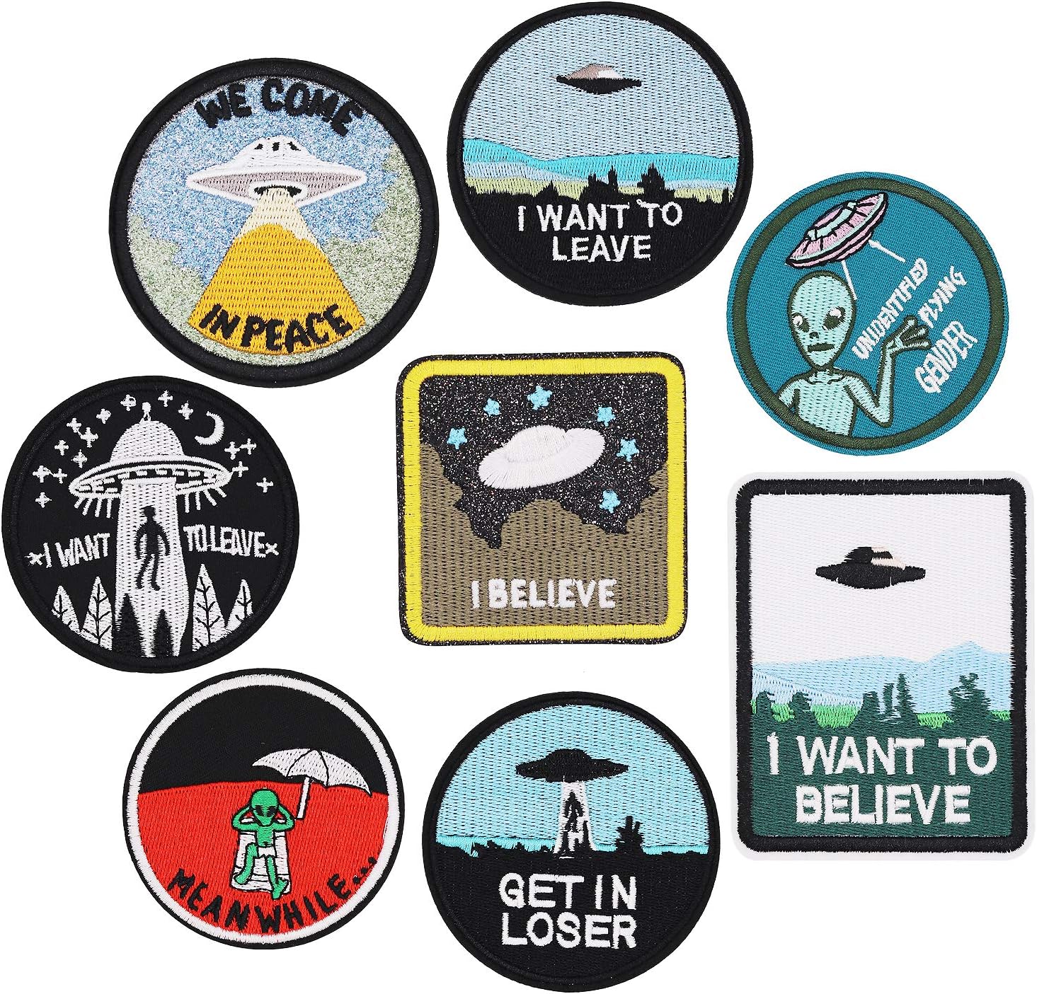 8pcs Alien Spaceship Iron on Patches Embroidered Motif Applique Decoration Sew On Patches Custom Patches for DIY Jeans, Jacket,Kid's Clothing, Bag, Caps, Arts Craft Sew Making (Alien 8pcs)