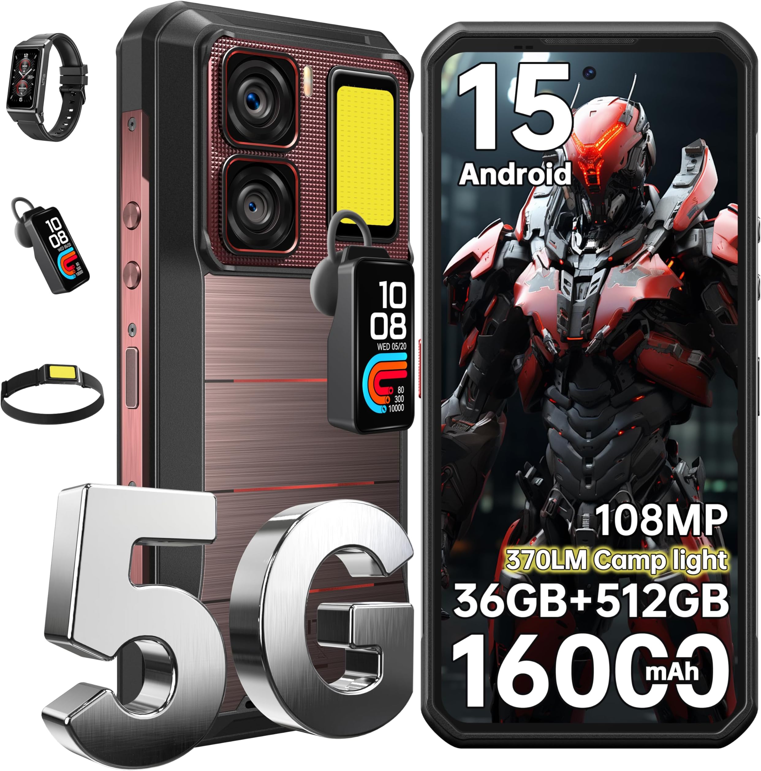 WP300 5G Rugged Phone Unlocked Android 15-36GB+512GB/2TB Rugged Smartphone, 6.8''FHD+ 120Hz Display 108MP Rear Camera 16000mAh Battery Waterproof Cell Phones, IP68/IP69K/WiFi6/NFC