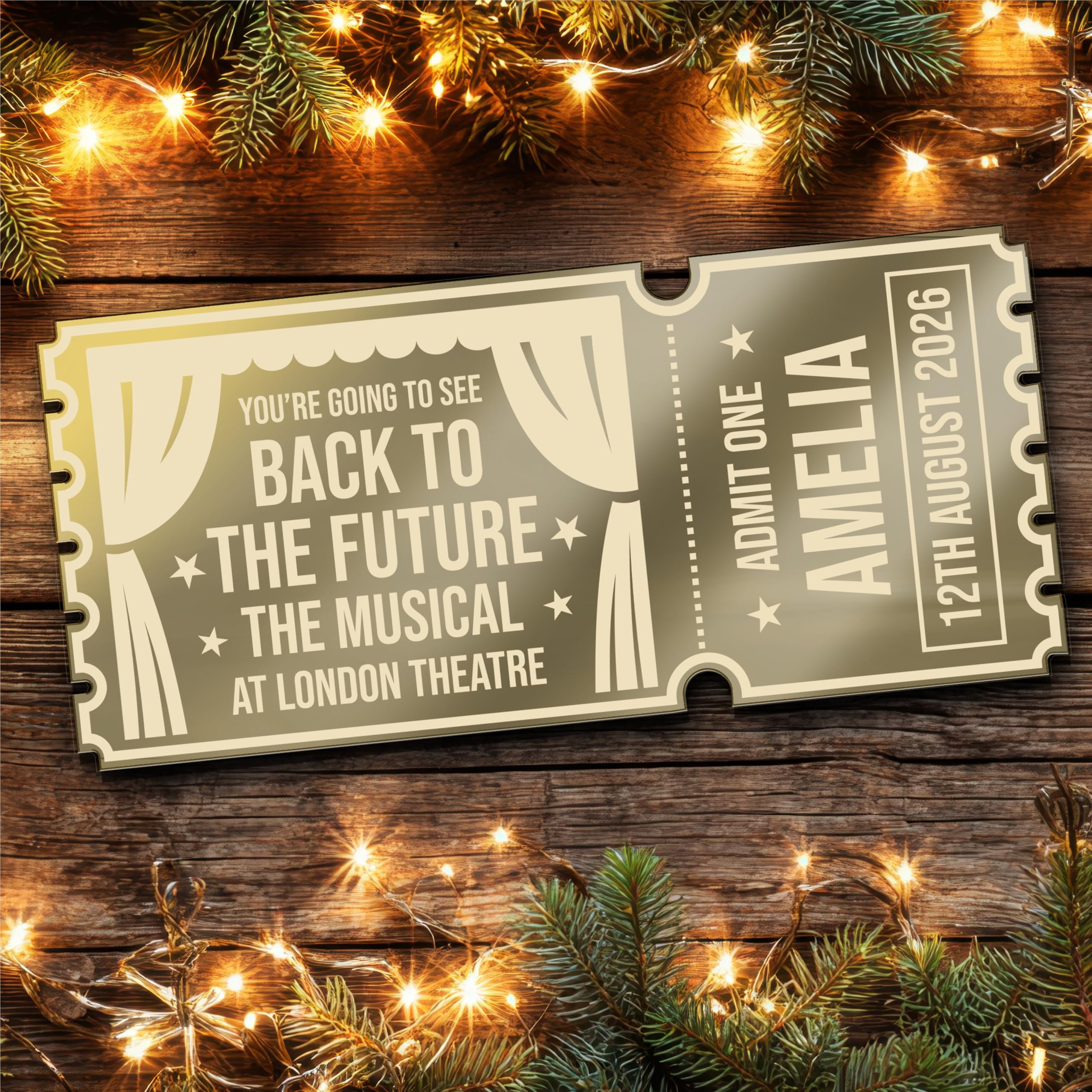 Bronze Mirror Acrylic Ticket Any Musical Theatre Show West End Personalised Any Text Voucher | Custom Surprise Reveal Voucher Ticket | Announcement Greeting Card | Note Card