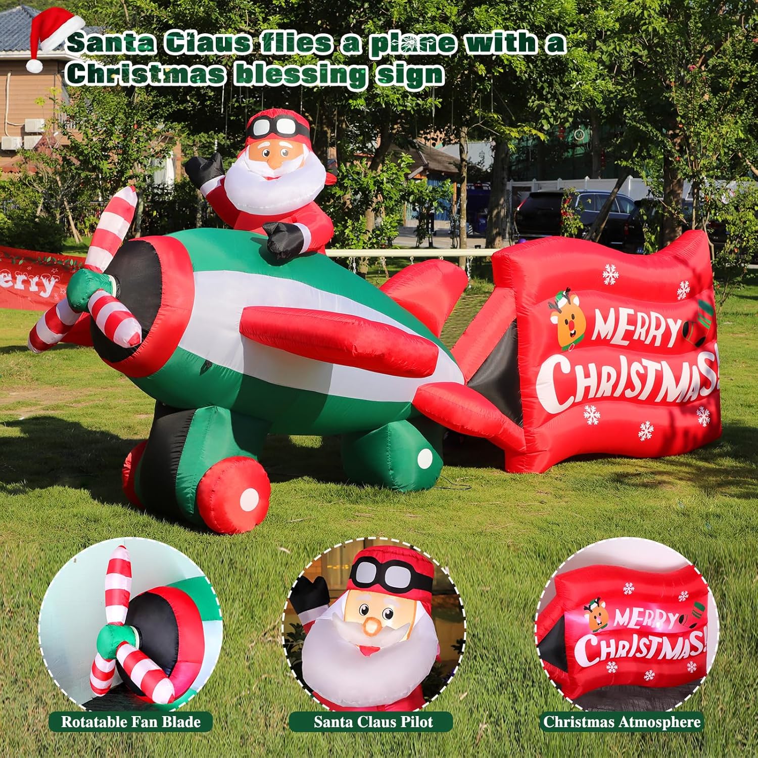 10.5FT Christmas Inflatables Santa Claus on Animated Helicopter, Giant Blow Up Santa Claus Flying Airplane, Lighted Inflatable Outdoor Decorations for Garden Yard Holiday Party Lawn Decor