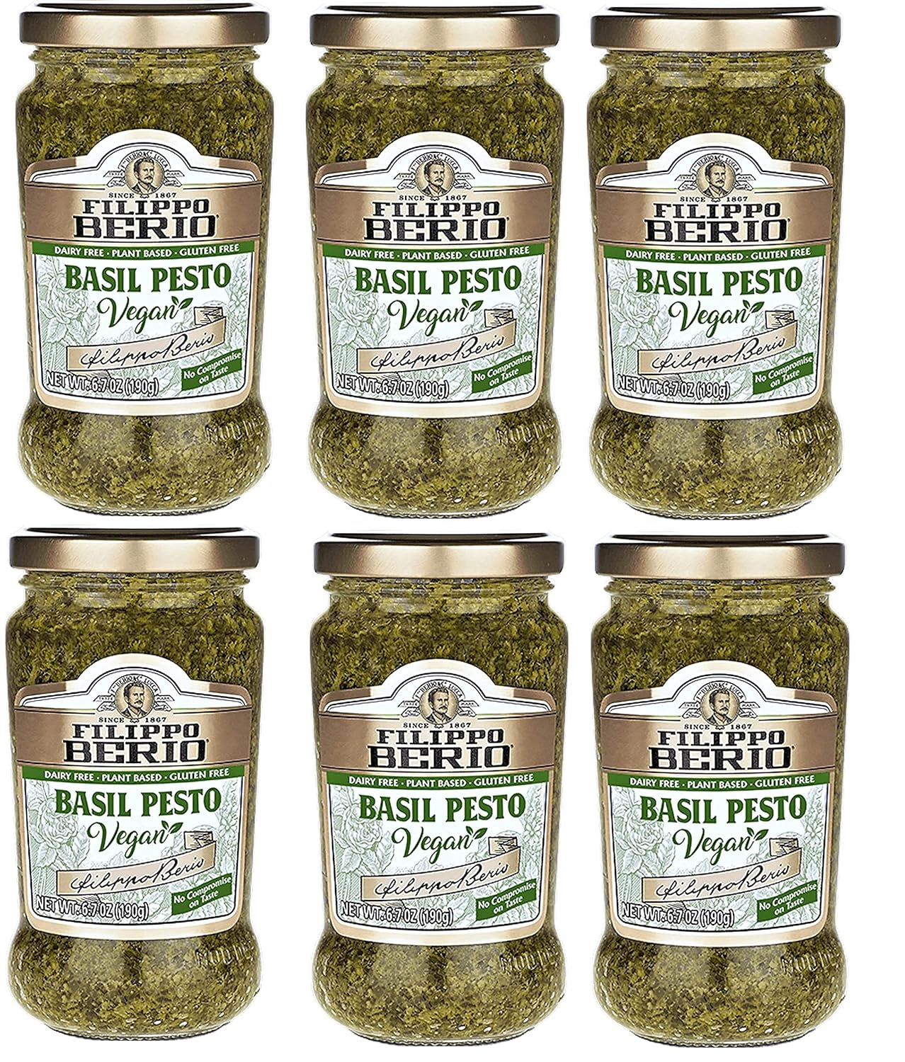 Filippo Berio Pesto, Vegan Basil, 6.7 Ounce Glass Jar, Pack of 6