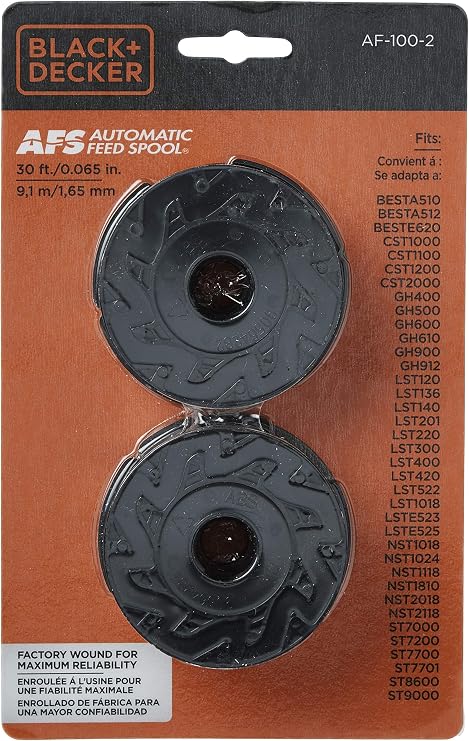 BLACK+DECKER Electric Lawn Mower with Trimmer Line Replacement Spool, Autofeed 30 ft, 0.065-Inch, 2-Pack (BESTA512CM & AF100-2)