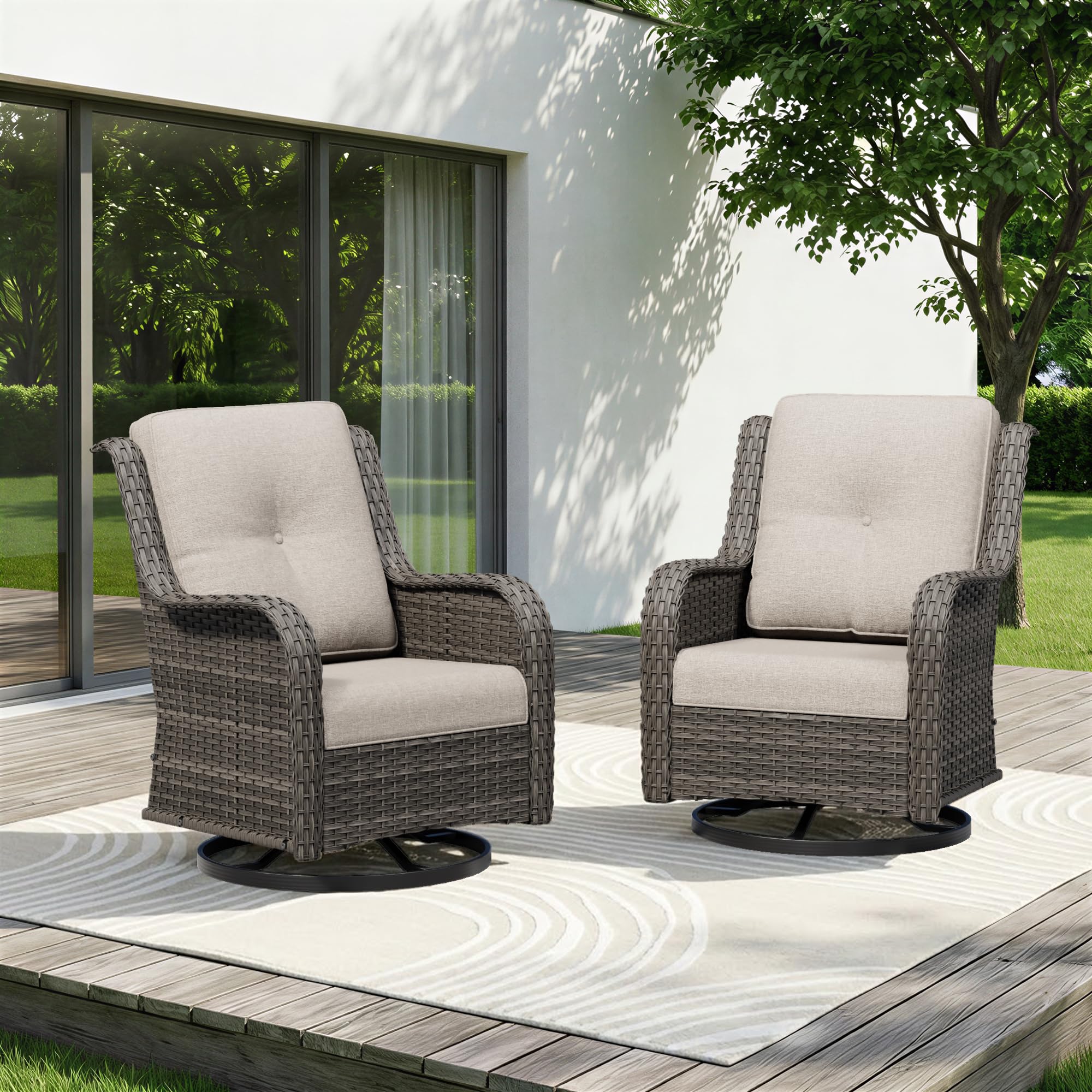 Swivel Rocker Patio Chairs Set of 2 - Outdoor Wicker Patio Furniture Set 2 Pieces with Thickened Olefin Cushions, High Back and Deep Seating, Hand-Woven PE Rattan for Porch, Deck, Beige