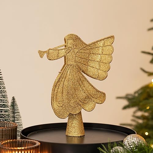 Miniatura 2 de Valery Madelyn Decoración de árbol de ángel de Navidad con luces LED giratorias de copos de nieve, copa de árbol dorada iluminada con proyección de