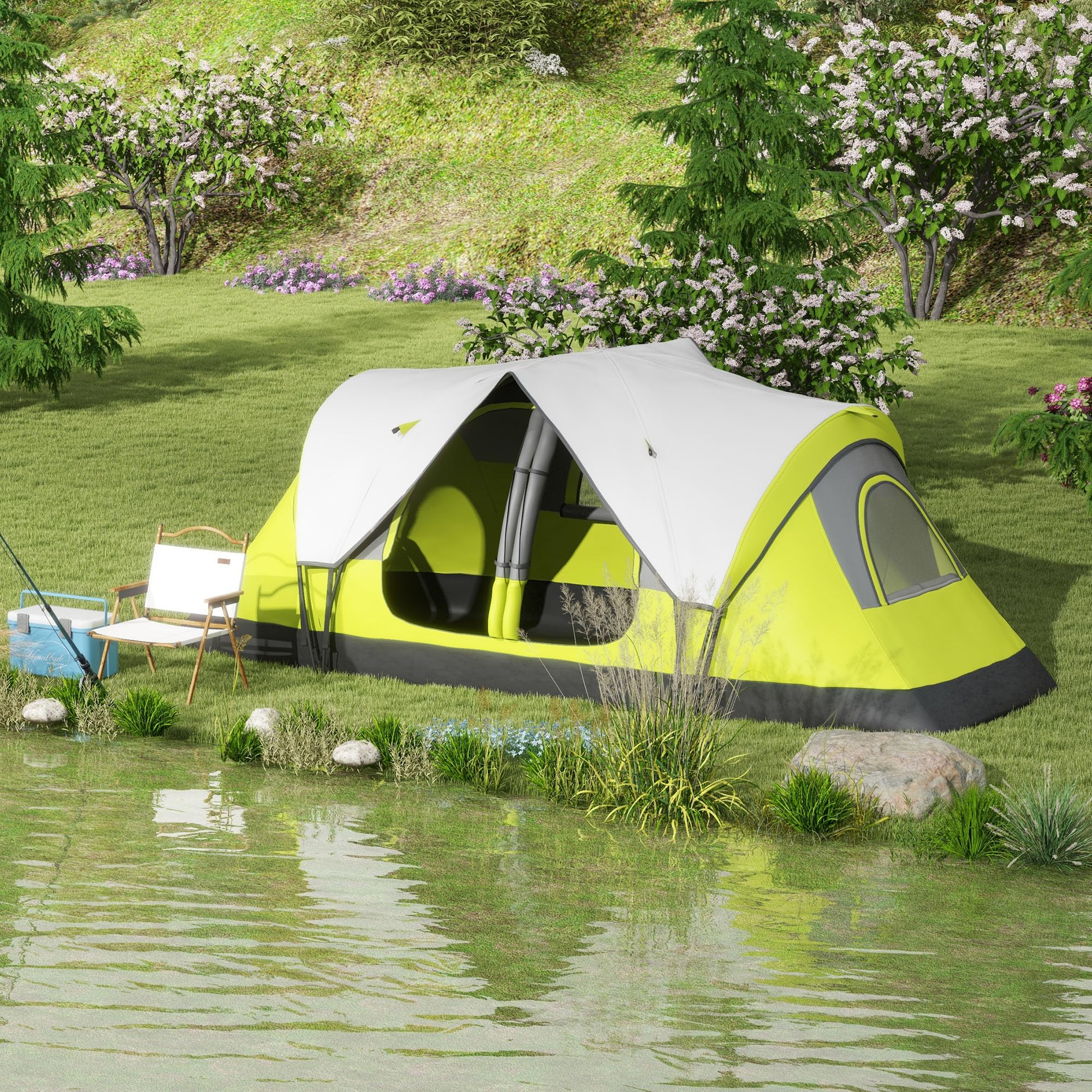 Outsunny Campingzelt, Tunnelzelt für 3 Personen, mit Lichthaken, Meshfenster, 2 Räumen Winddicht groß Familienzelt mit Tragetasche, 2000mm Wassersäule Gruppenzelt für Camping, Garten