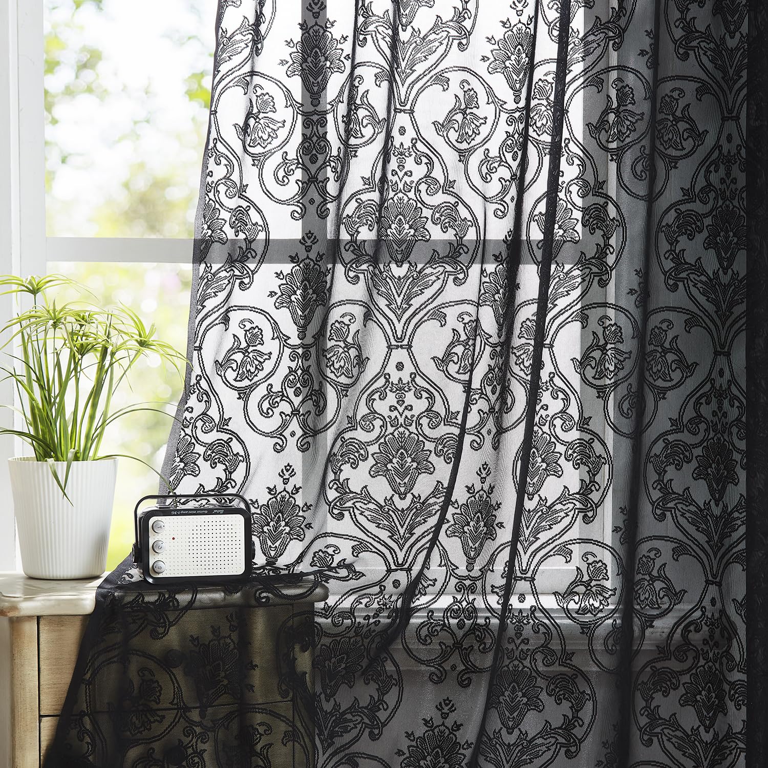F-CHU Tende in pizzo per finestre, altezza 137 cm, stile vintage, stile shabby chic, in voile trasparente, 2 pannelli, 140 x 183 cm (larghezza x lunghezza), colore: nero
