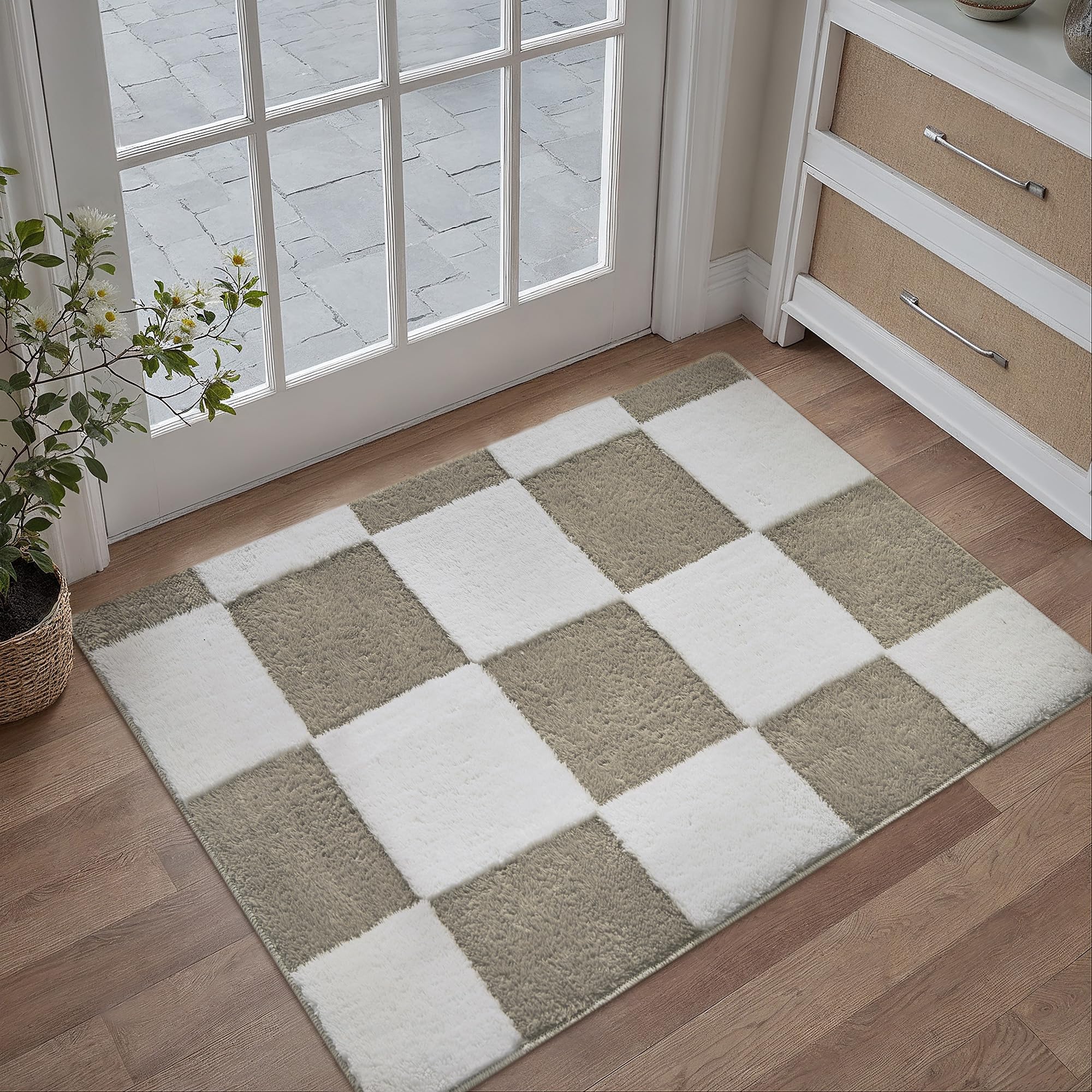 PureCozy Kariert Fußmatte Teppich 60x90cm Beige Weiß Fussmatte Waschbarer Teppiche 3D Effekt Schlafzimmer Kinderzimmer Küche Bettvorleger Kurzflor Weich rutschfest Klein Carpet