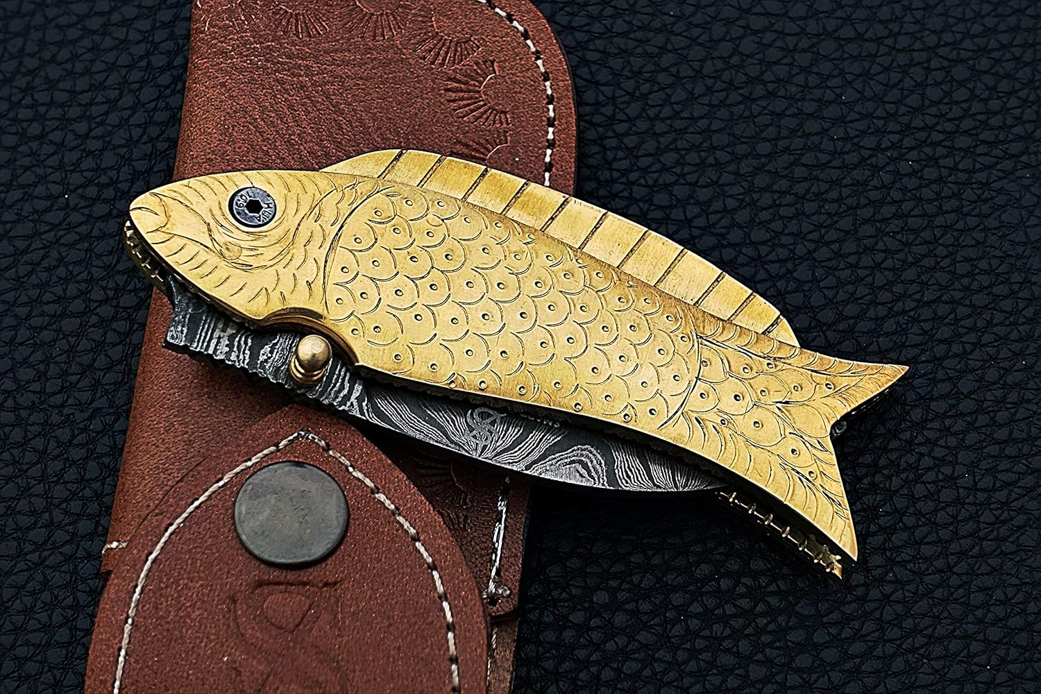 Smart & Sharp Custom Handmade Damascus Steel Fish Knife/Folding Knife/Pocket Knife SS-17370(Brass Engraved Handle)