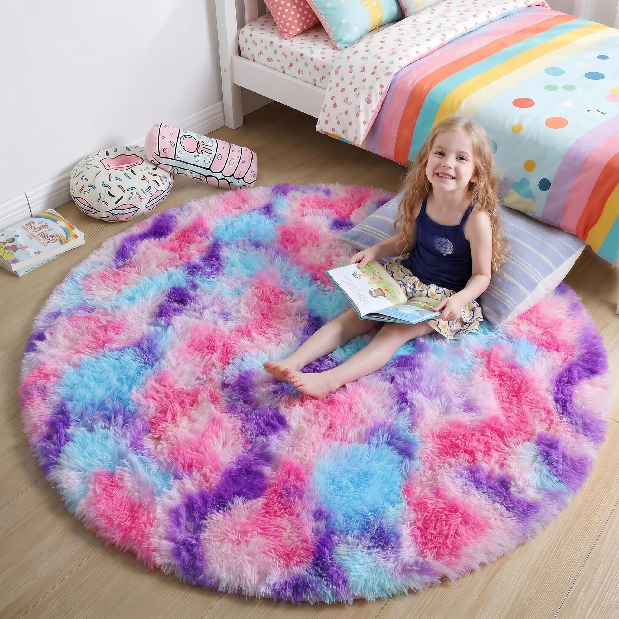 Amdrebio Pink Blue Purple Fluffy Large Round Rug 6Ft for Girls Kids Bedroom