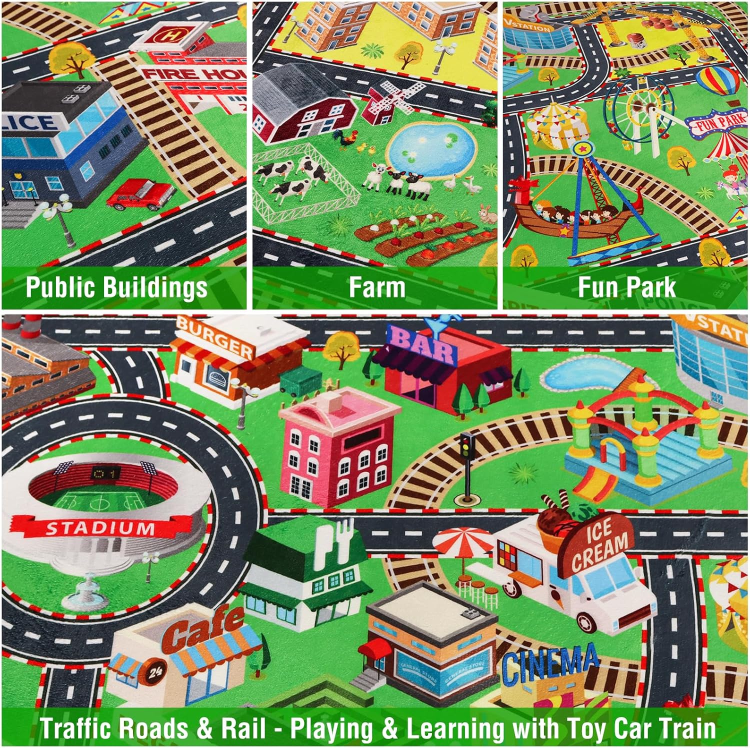 2 Pack Kids Rug Play Mat for Toy Cars,39.4"×59" City Life 3D Road Traffic + 39.4"×59" Farm Life Road Traffic Car Rug