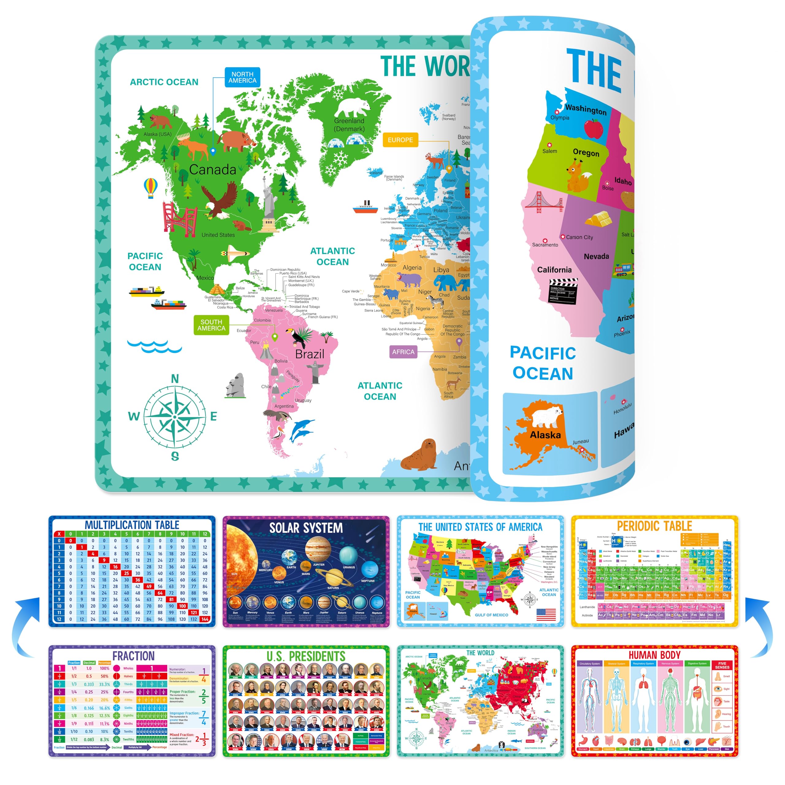 Sets de table éducatifs lavables lot de 4 table périodique et carte du monde