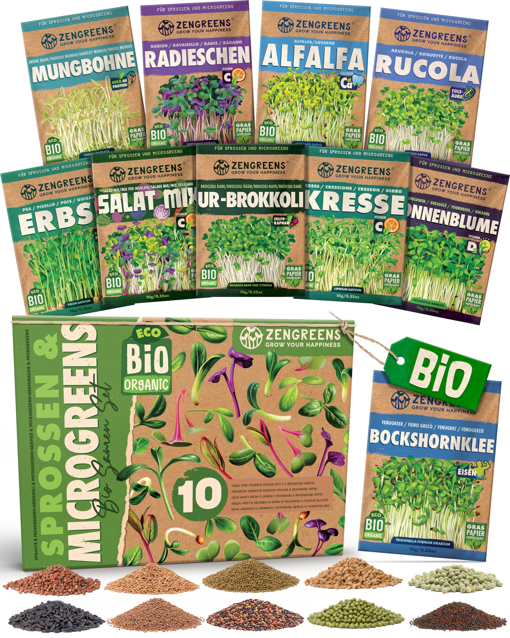 ZenGreens® - Bio Sprossensamen im 10er Set - Keimsprossensamen - für leichte Zucht im Sprossenglas oder Anzuchtschale - Probierpaket - 10 verschiedene Sorten - Microgreens Samen Mix