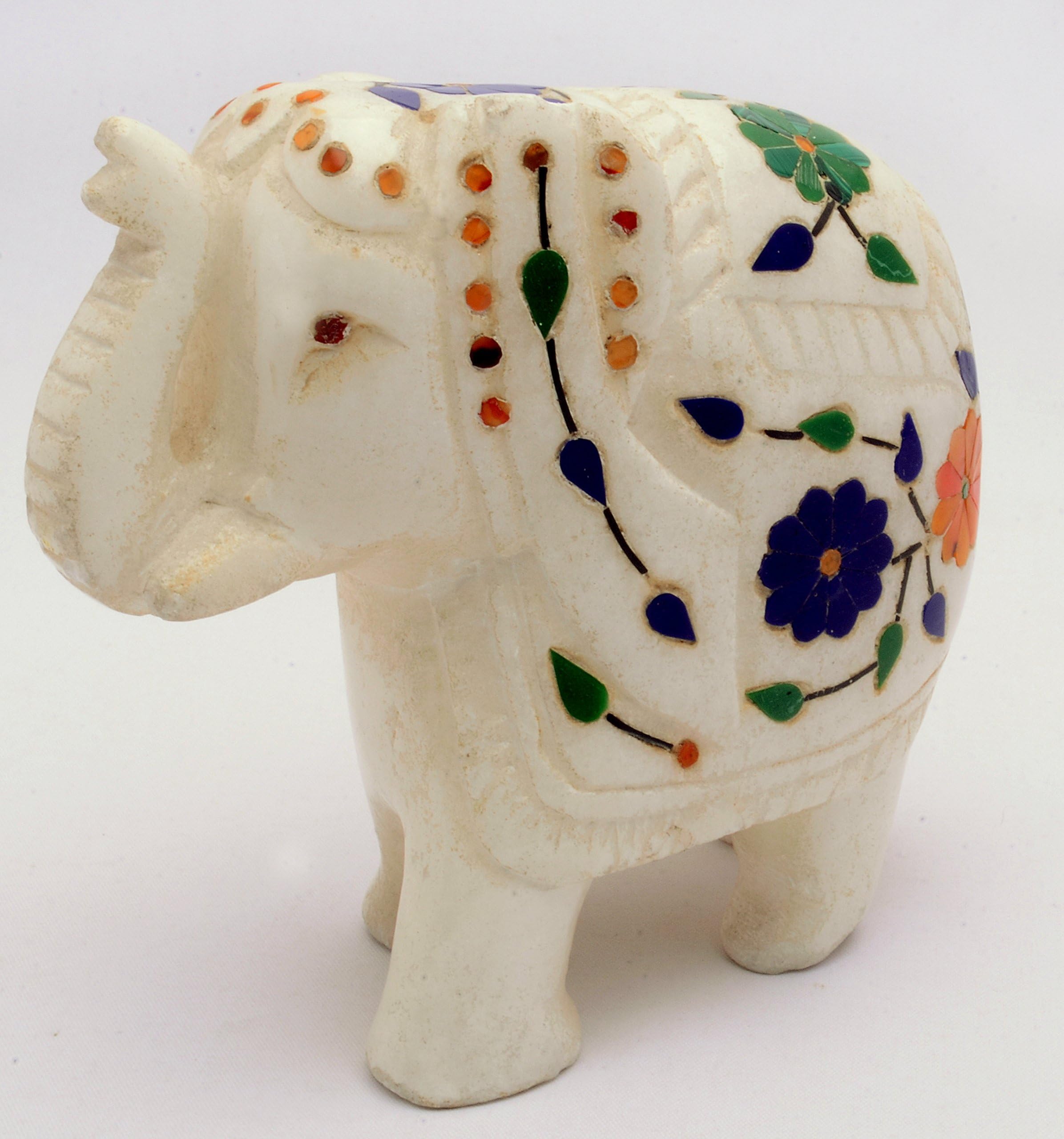 White Marble Elephant Figurine Inlay Malachite Lapis Carnelian Vtg Indian Craft