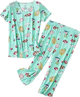 PNAEONG Womens Pajama Set Sleepwear Short Sleeve Top with Capri Pant Pj set | Soft Cotton Blend, Fun Prints, Casual Pjs Sets, Lounge Set, Bedtime Wear, Home Wear, Comfy, Lightweight, 2 Piece Pajama Sets