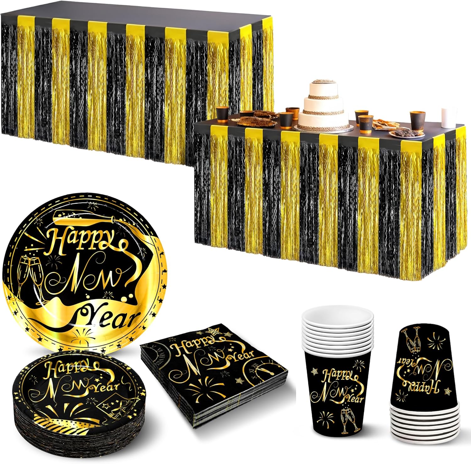KatchOn, New Years Eve Party Supplies 2026 - Pack of 70 | Black & Gold New Year Eve Party Plates, Cups and Napkins sets & Tinsel Table Skirt Streamers, Table Fringe for New Years Decorations 2026