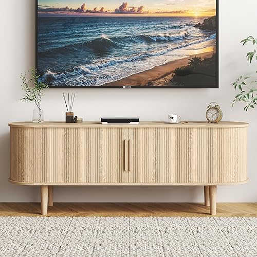 Miniatura 43 de Soporte de TV, mesa consola multimedia con puerta corredera y compartimento de almacenamiento, centro de entretenimiento moderno con almacenamiento