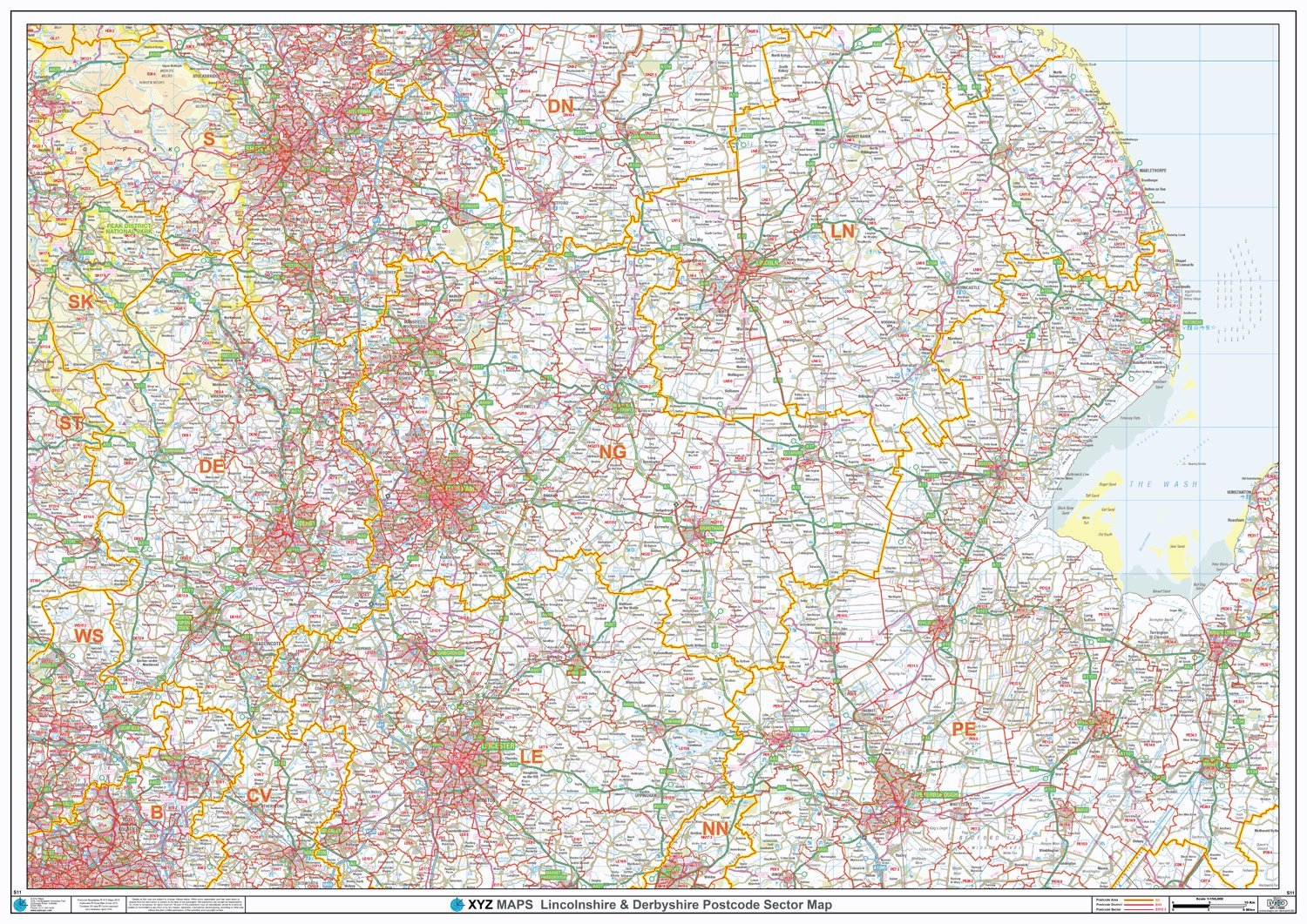 Postcode Sector Map - (S11) - Lincolnshire & Derbyshire - Wall Map-Plastic Coated