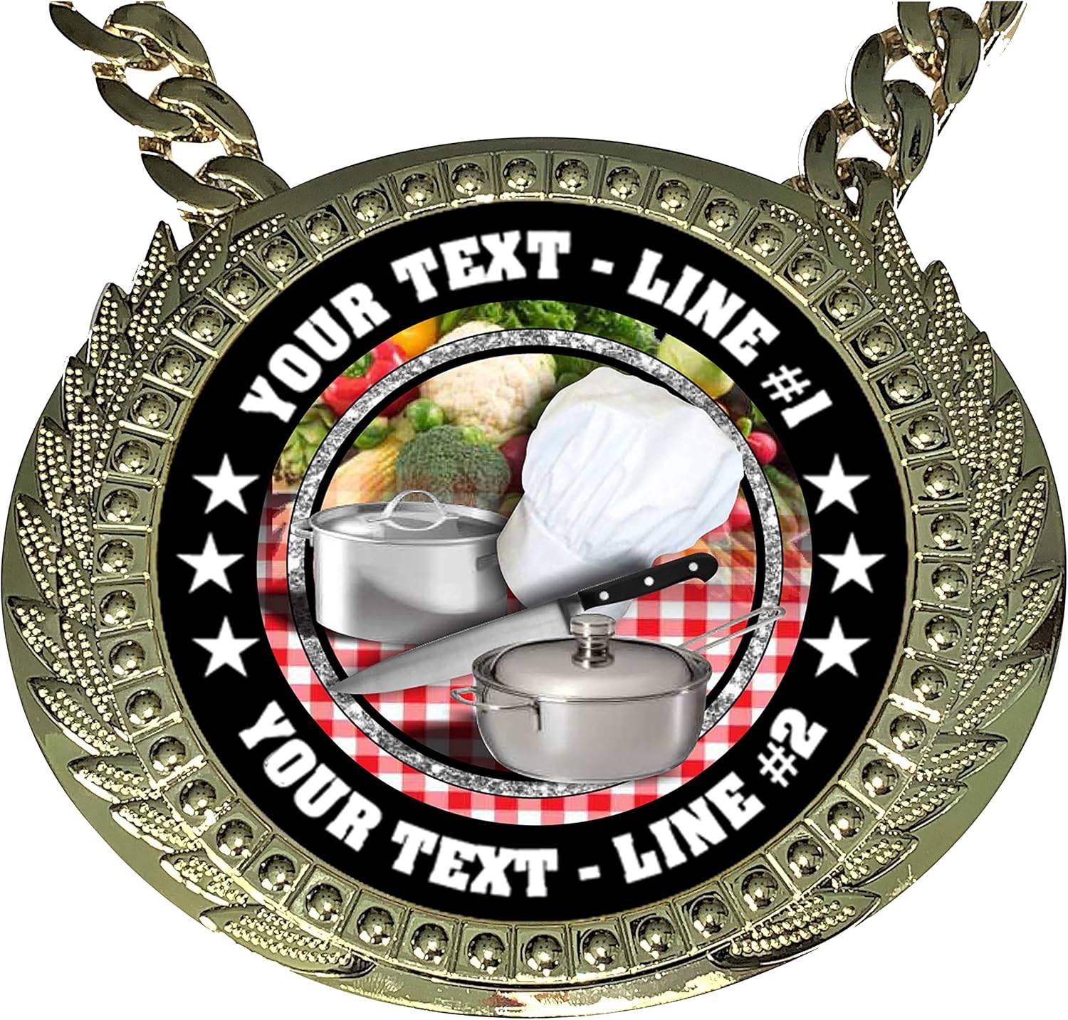 Express Medals Custom Cooking Chef Champ Chain Trophy with 2 Lines of Personalized Text on a Large Rigid Plastic Award Medal and 34 Inch Long Gold Color Neck Chain. FCL453